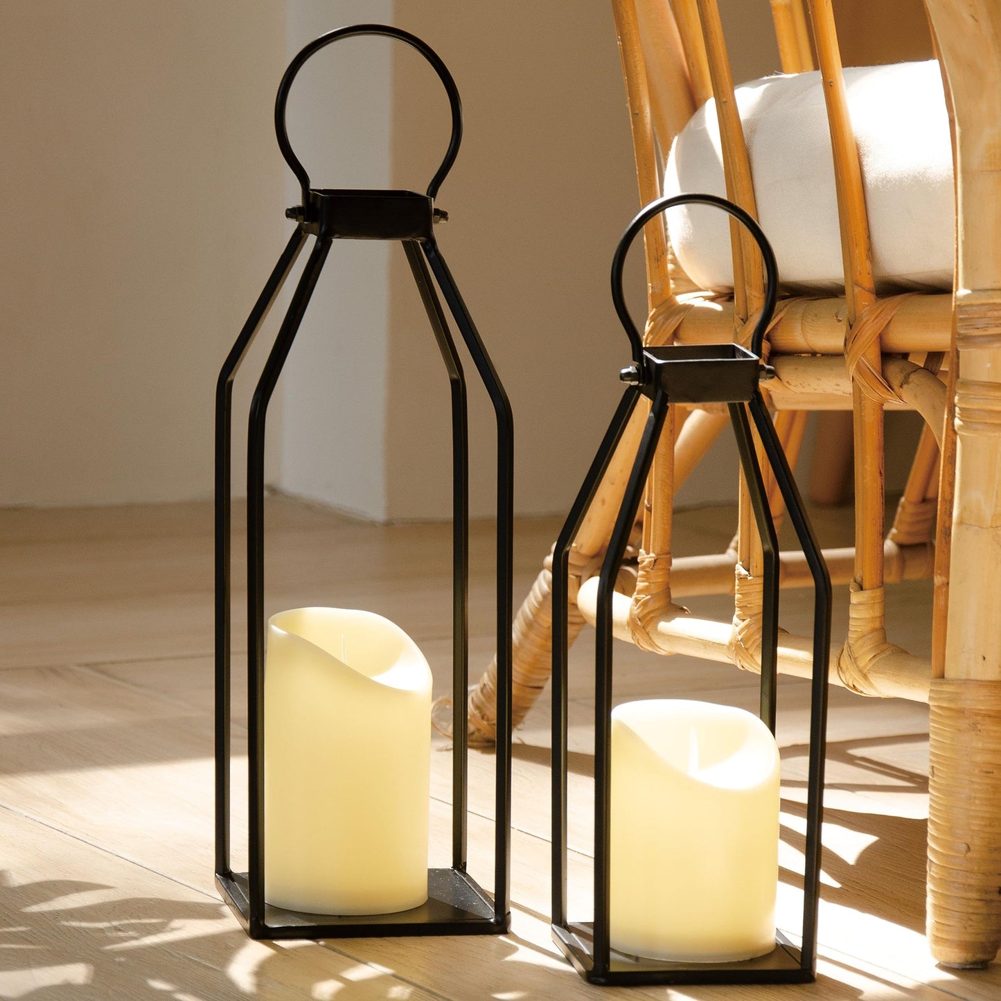 Perfnique Modern Farmhouse Lantern Decor, Set of 2 Black Metal Lanterns, 2 LED 6hr Timer Flickering Flameless Candles, Lanterns Decorative for Outdoor Decor, Home, Indoor, Patio (15inch & 13inch)