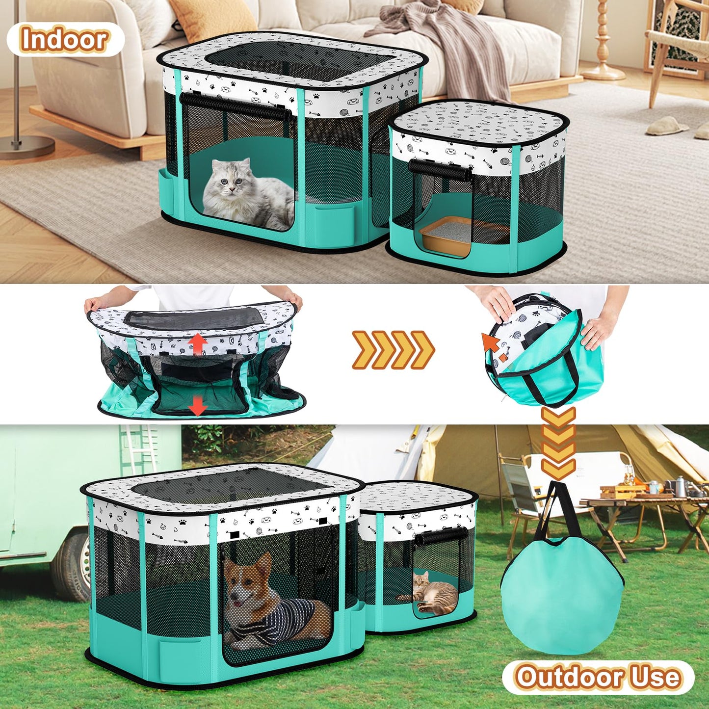 DESELL Portable Cat Playpen, 8-Rod Reinforced Kitten Dog Playpens, Foldable Play Pen for Indoor Cats Enclosed Pet Puppy Doggy Outdoor, Collapsible Tent Kennel Cage House(32"x24"x22")