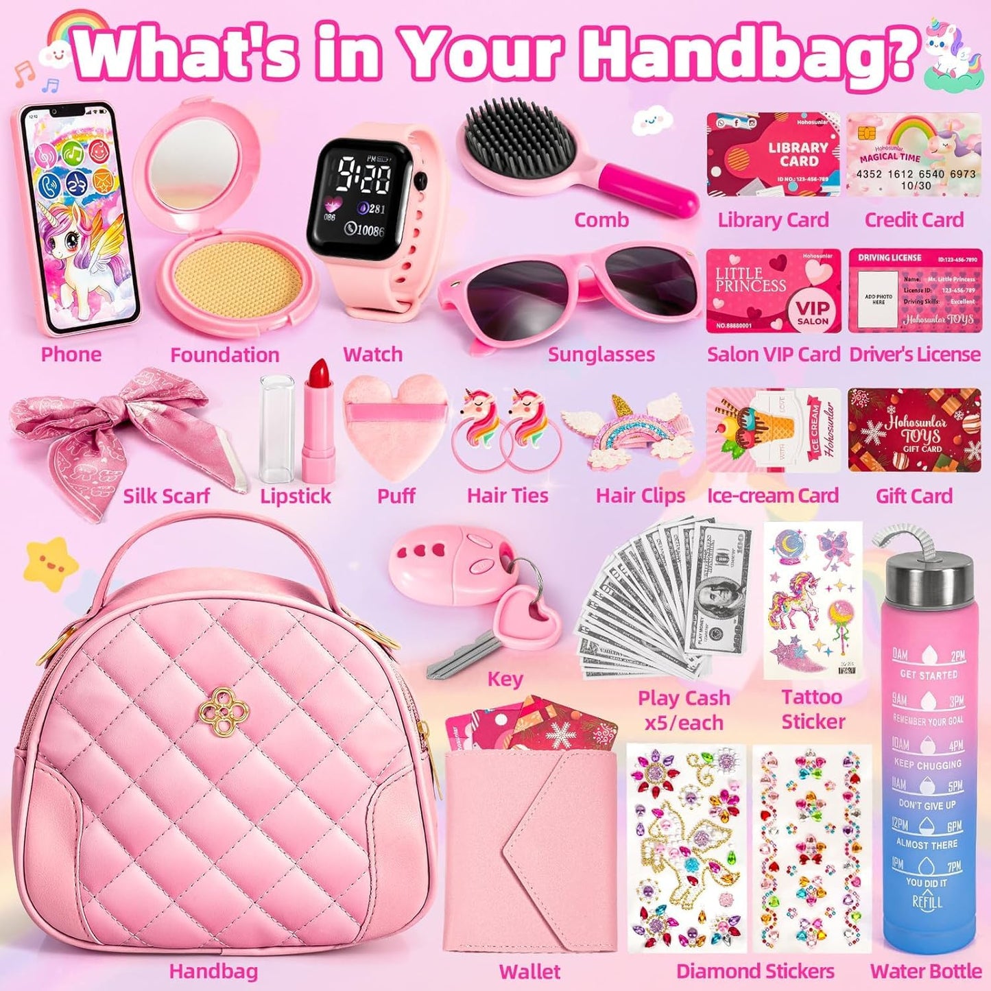 Hohosunlar Play Purse for Little Girls Toddlers, Kids Handbag w/ Pretend Makeup, DIY Unicorn Water Bottle, Toy Phone, Watch, Wallet Cards Stickers, Princess Christmas Birthday Gift Toy for Girls 3-12