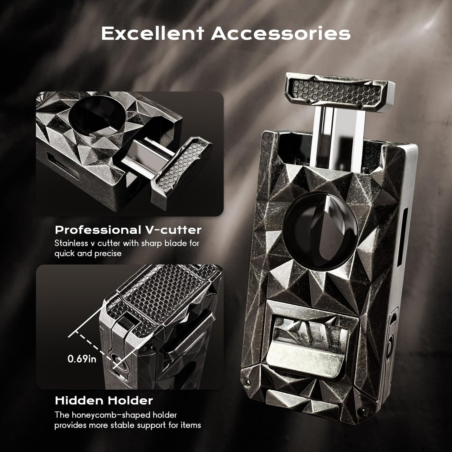 5-in-1 Torch Lighter, with V-Cutter, Holder, Punch, Draw Enhancer Tool, Windproof Triple Flame Torch Lighter, Multifunctional Accessories Gifts for Men, Refillable Butane Lighter for Candles, Travel