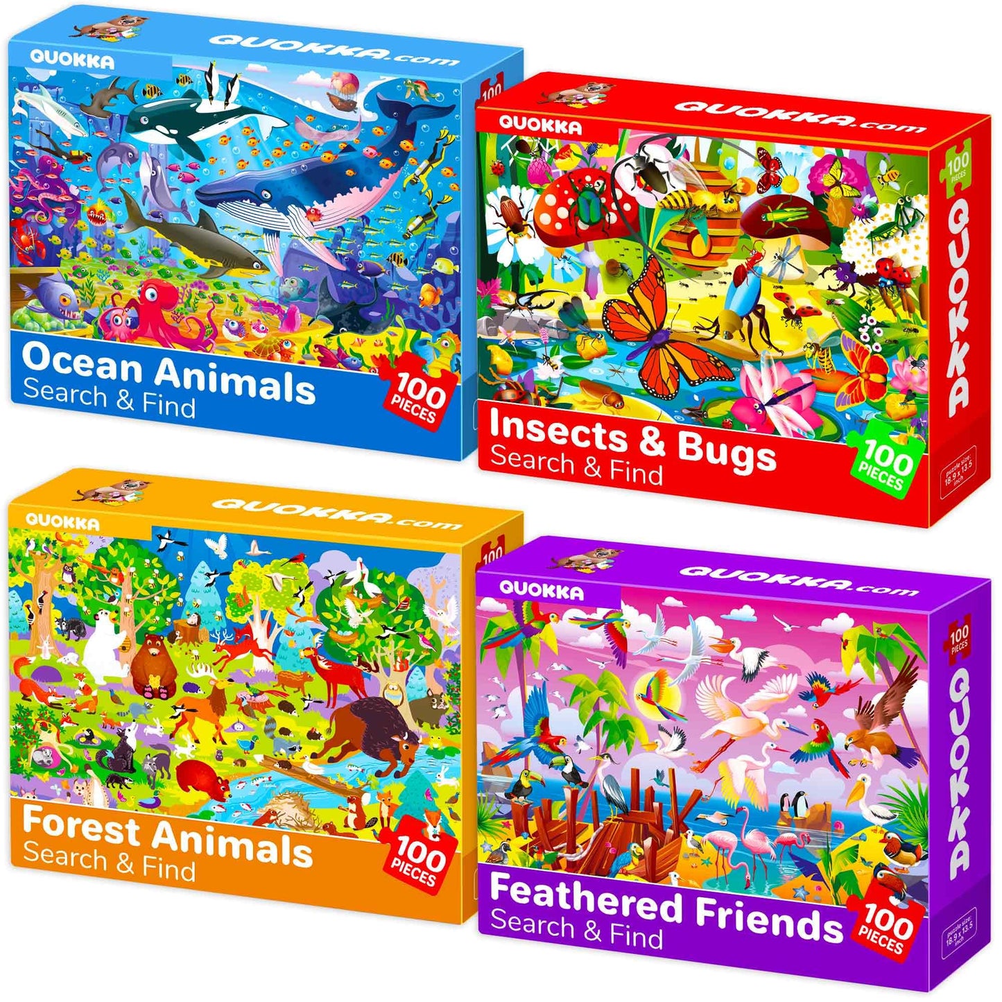 QUOKKA 100 Piece Puzzles for Kids Ages 4-6 – 4 Jigsaw Puzzles for Kids Ages 6-8 – Search and Find Game with Ocean Forest Animals for Childrens 5-8 – Learning Educational Toys for Boys and Girls 8-10