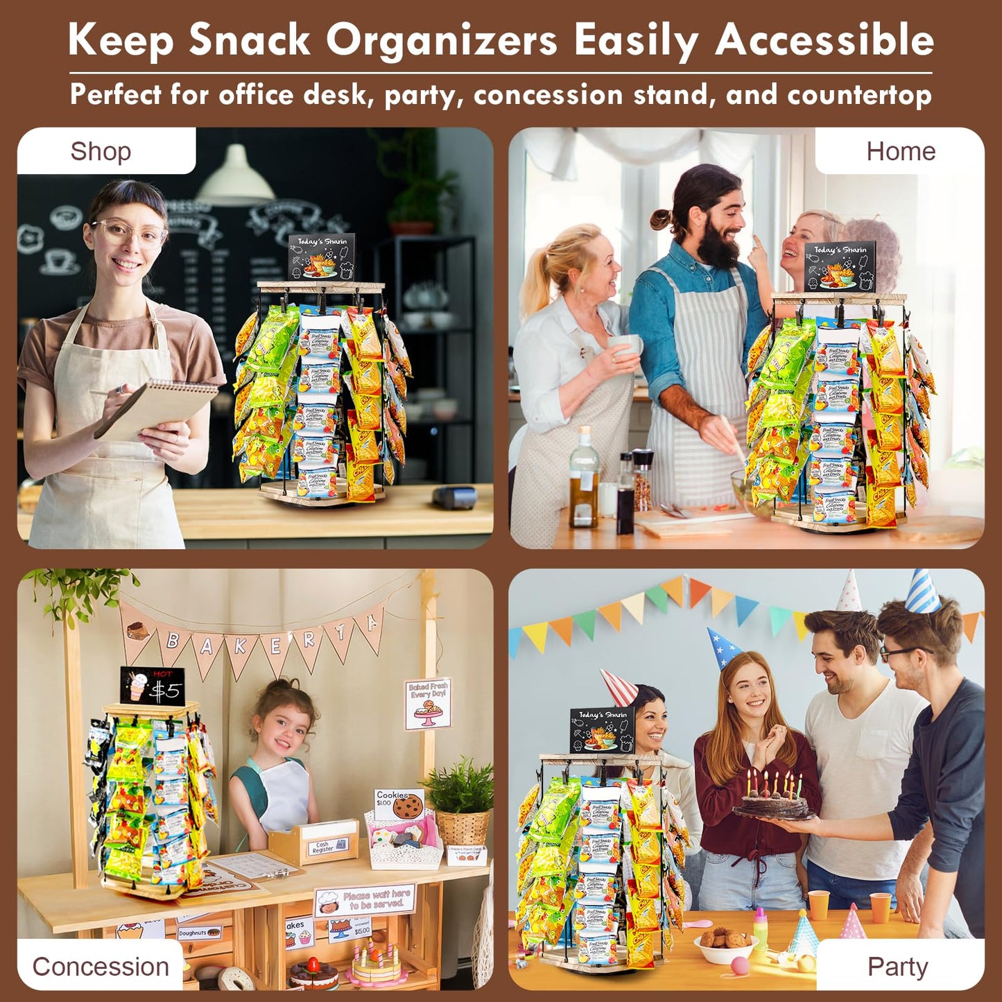 Pinzoveco Chip Rack Display Stand, 5 Tiers 40 Clips Snack Organizer for Office Desk, 360° Wooden Base Chip Holder Candy Display for Concession Stand, Countertop, Party, With Message Board