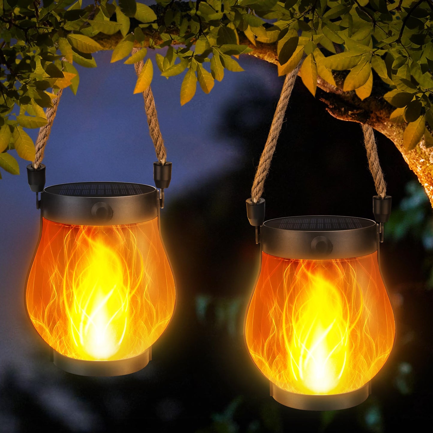 iBaycon 2 Pack Solar Lanterns Lights, Halloween Flickering Flame Garden Lights with 2 Modes Dual Charging USB & Solar, Outdoor Waterproof Hanging Lantern for Party Holiday Halloween Decor (Warm White)
