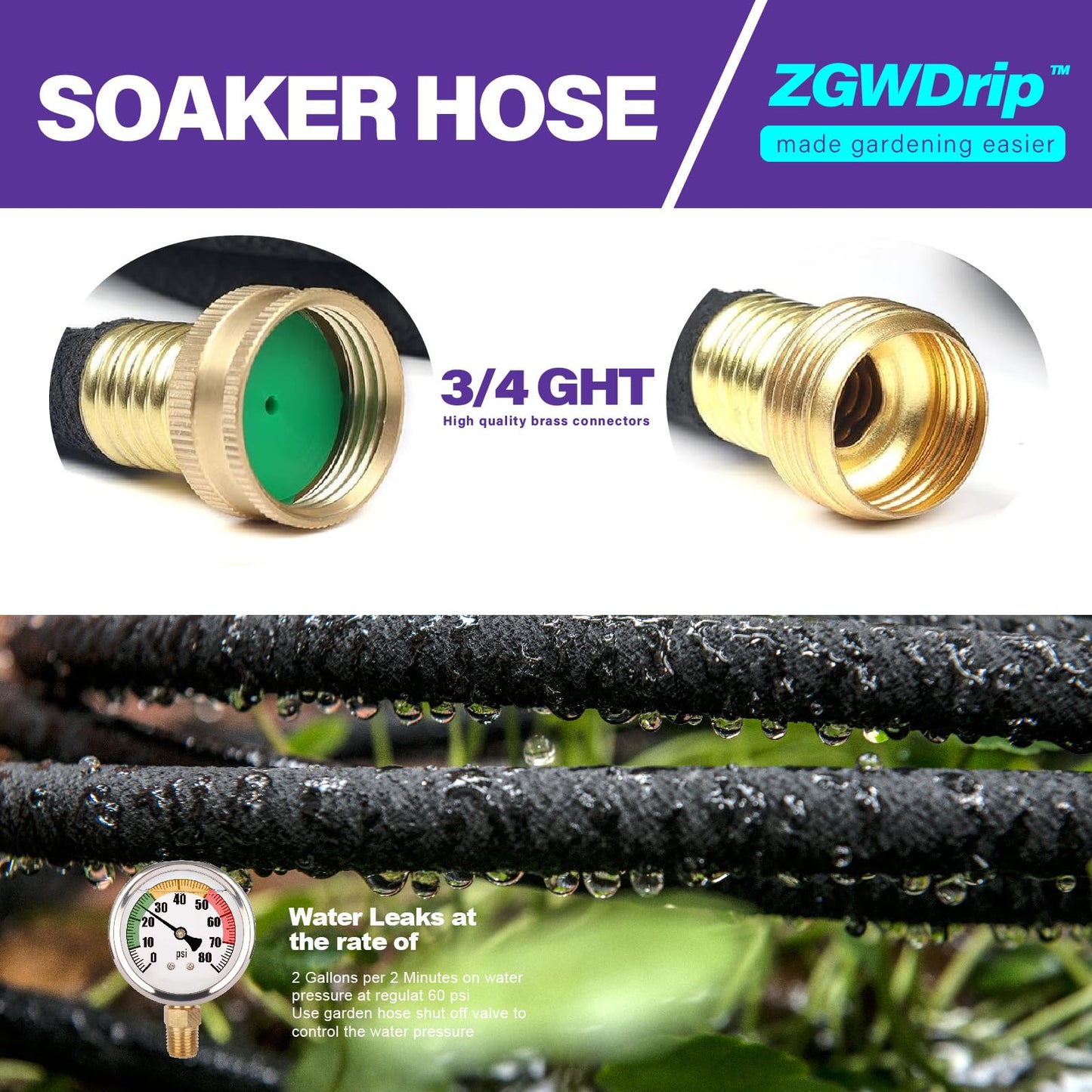 ZGWDrip Soaker Hose,1/2 Inch Soaker Garden Hose with 3/4" Solid Brass Connectors (150 FT)