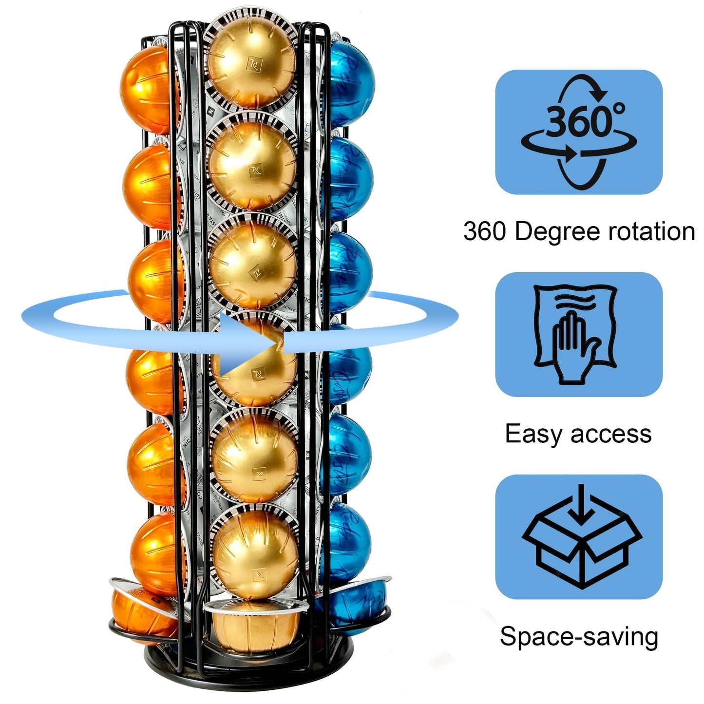 Worbic Coffee Pod Holder Organizer for Nespresso VertuoLine, Black Metal Coffee Pod Capsule Holder Stand Rotating Carousel,Holds 35 Capsules