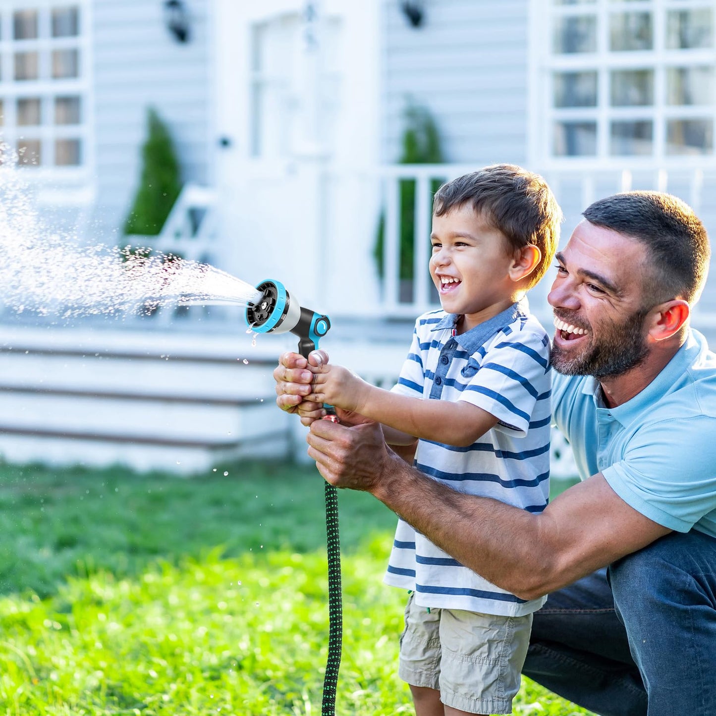 Expandable Garden Hose, Water Hose 100ft with 10 Function Nozzle, Flexible Hose with 3/4" Solid Brass Fittings, Extra Strength Fabric, Easy Storage Kink Free, Black & Blue