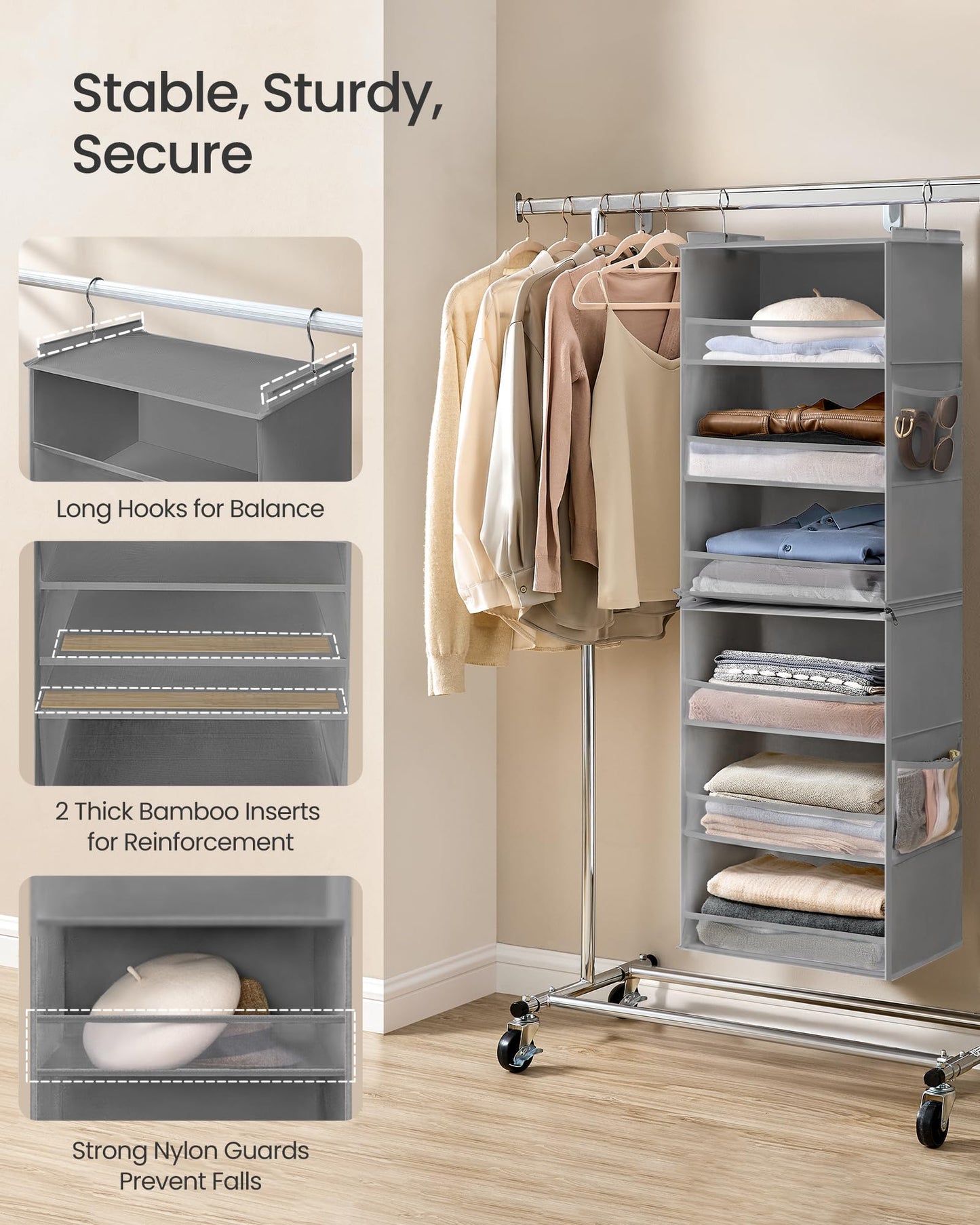 SONGMICS Hanging Closet Organizer, 6-Tier Fabric Storage Shelf, Separable Closet Hanging Shelf with Side Pockets, Foldable, Metal Hooks and Bamboo Inserts, Dark Gray URCH007G01