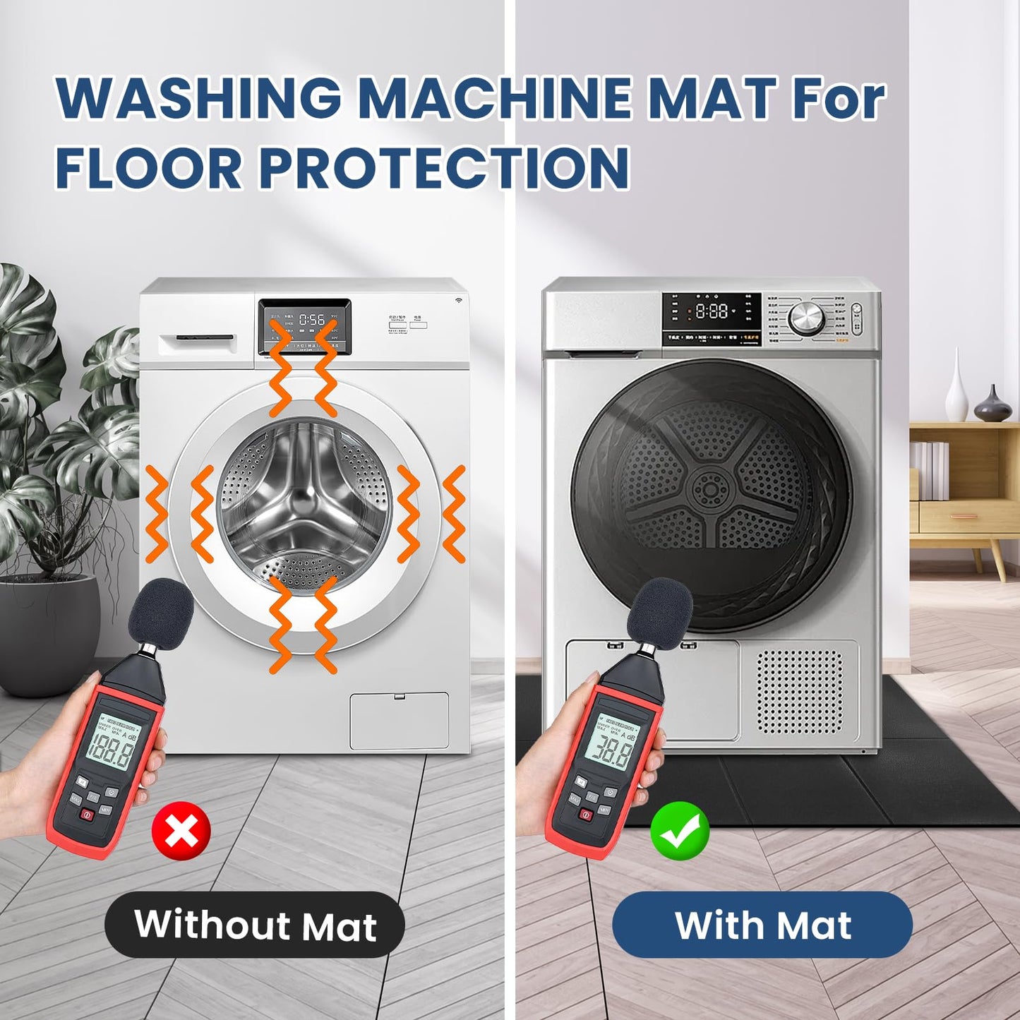 Under Washing Machine Mat , 7mm Thick Rubber Washer Dryer Mat 62.9x29.5 inches, Anti Vibration Mat Sound Absorbing Foldable PVC Mats for Floor Protection, Non-Slip Waterproof Cut-to-Fit