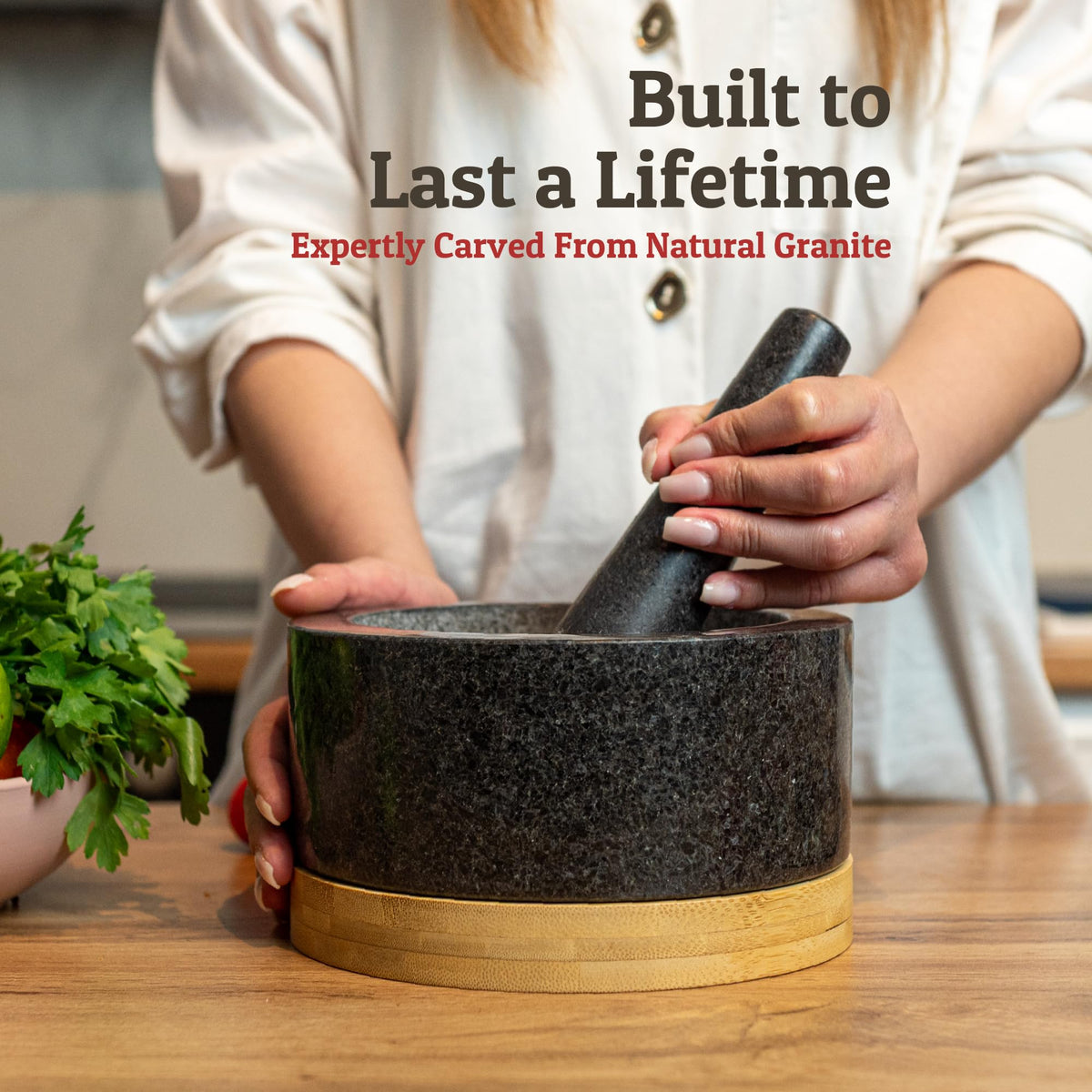 Heavy Duty Mortar and Pestle Set with Bamboo Base, Large 4 Cups, 100% Natural Granite Mortar and Pestle Large Stone Grinder Bowl, Molcajete Bowl, Masher Guacamole Bowls, Polished Black