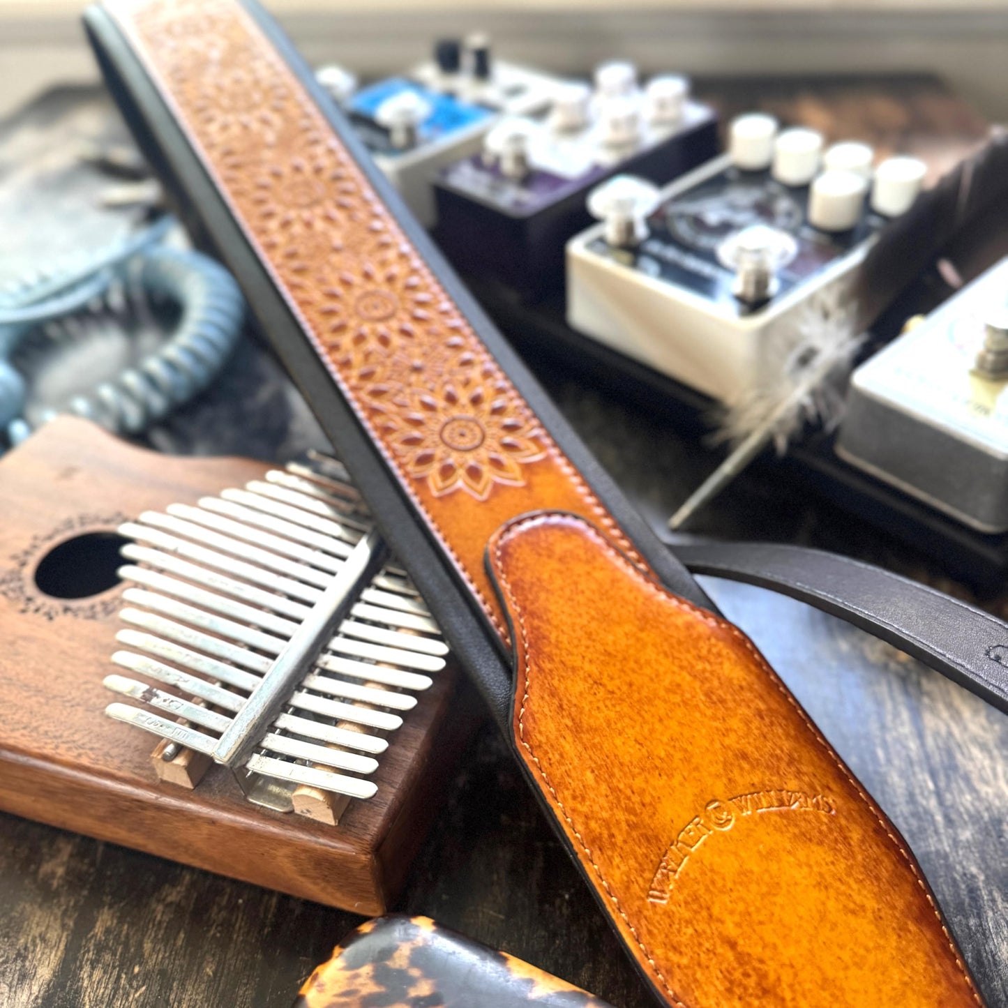Walker & Williams GB-34 Latigo Tan Padded Leather Strap with Zodiac Star Pattern For Acoustic, Electric, And Bass Guitars