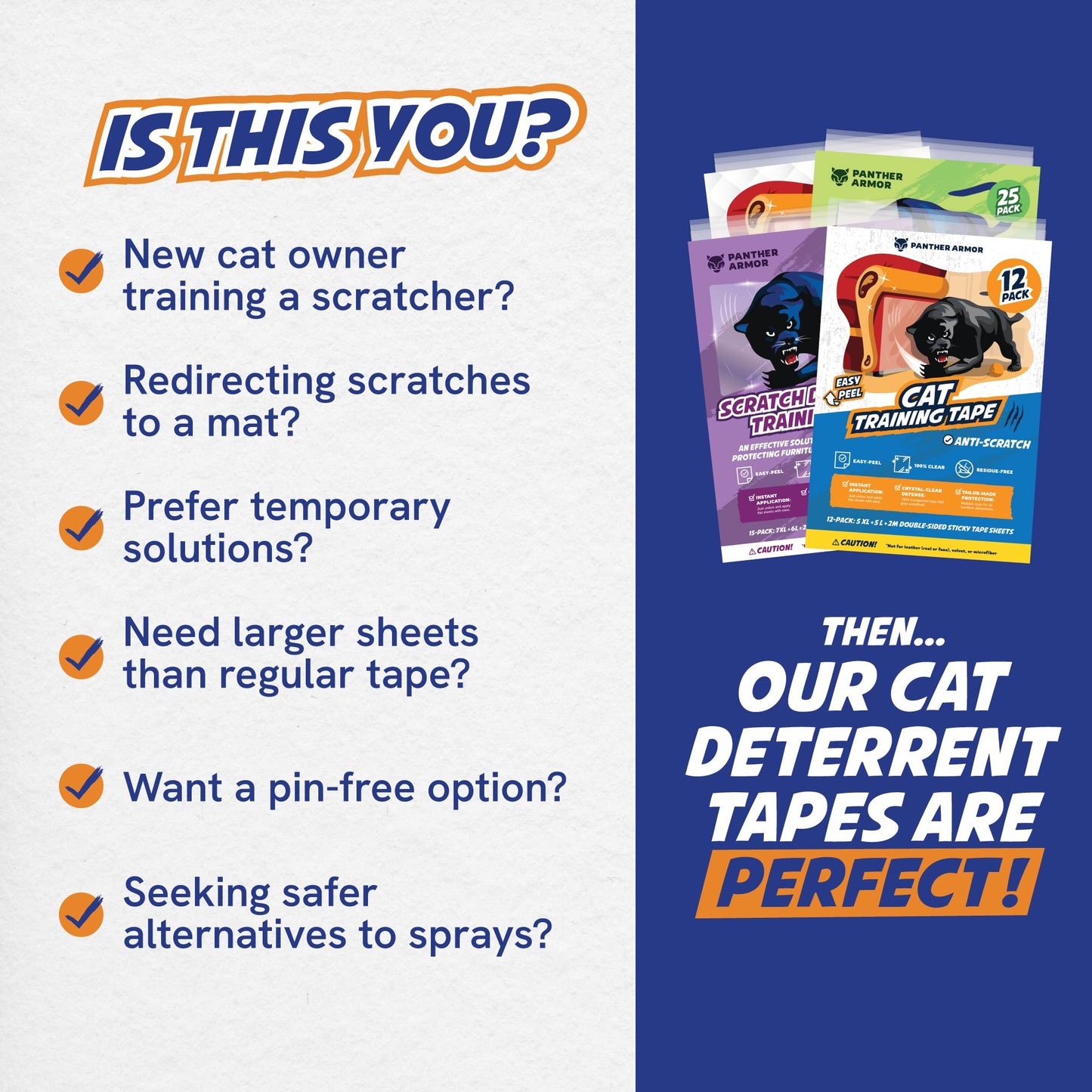 Panther Armor 25-Pack Mega Pack Anti Cat Scratch Deterrent & Training Tape - Protect Couch from Pets - Furniture Protectors - Sticky Tapes