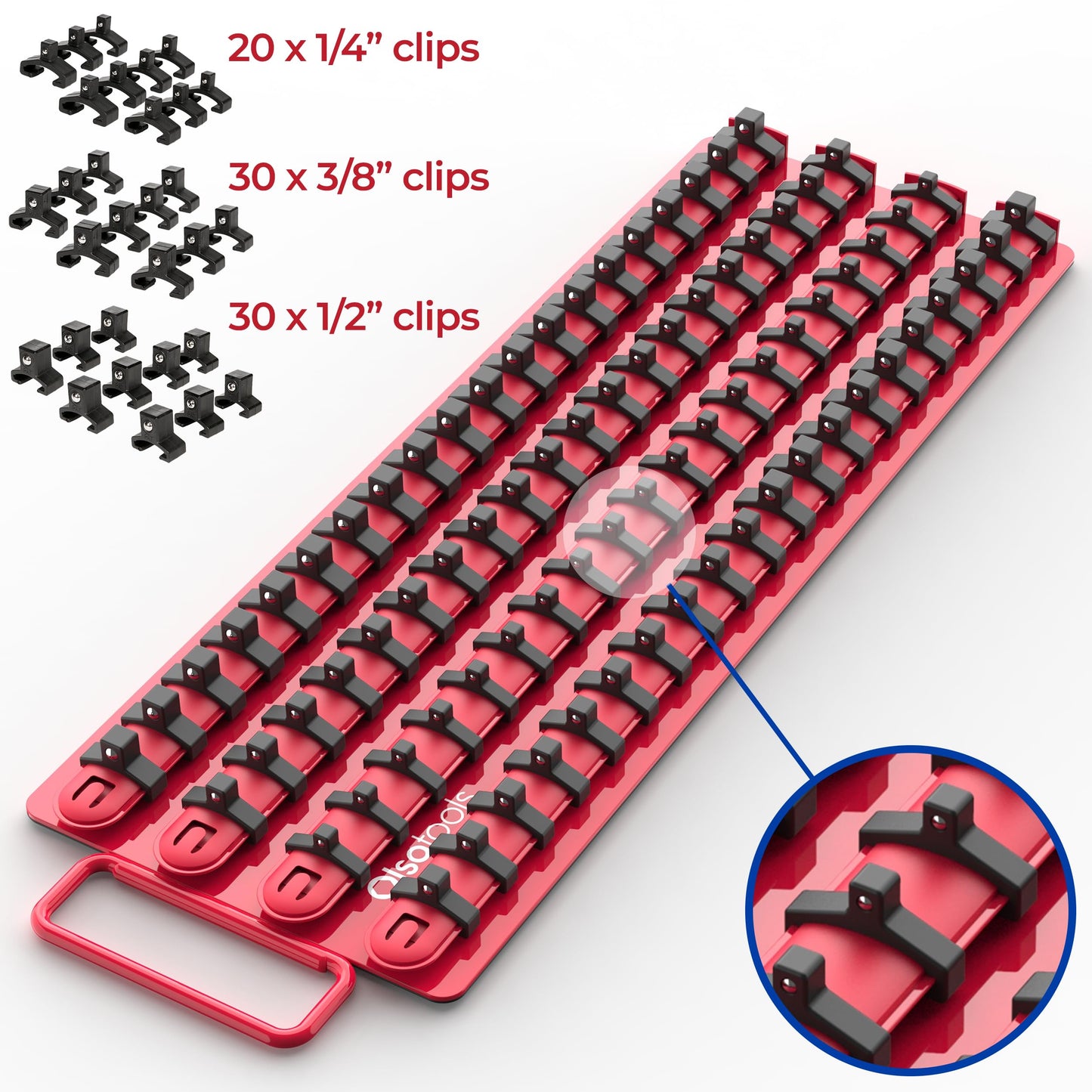 Olsa Tools Socket Organizer Tray - Red Rails with Black Clips - Holds up to 80 Sockets - Professional Tool Storage Rack - Part: 1047