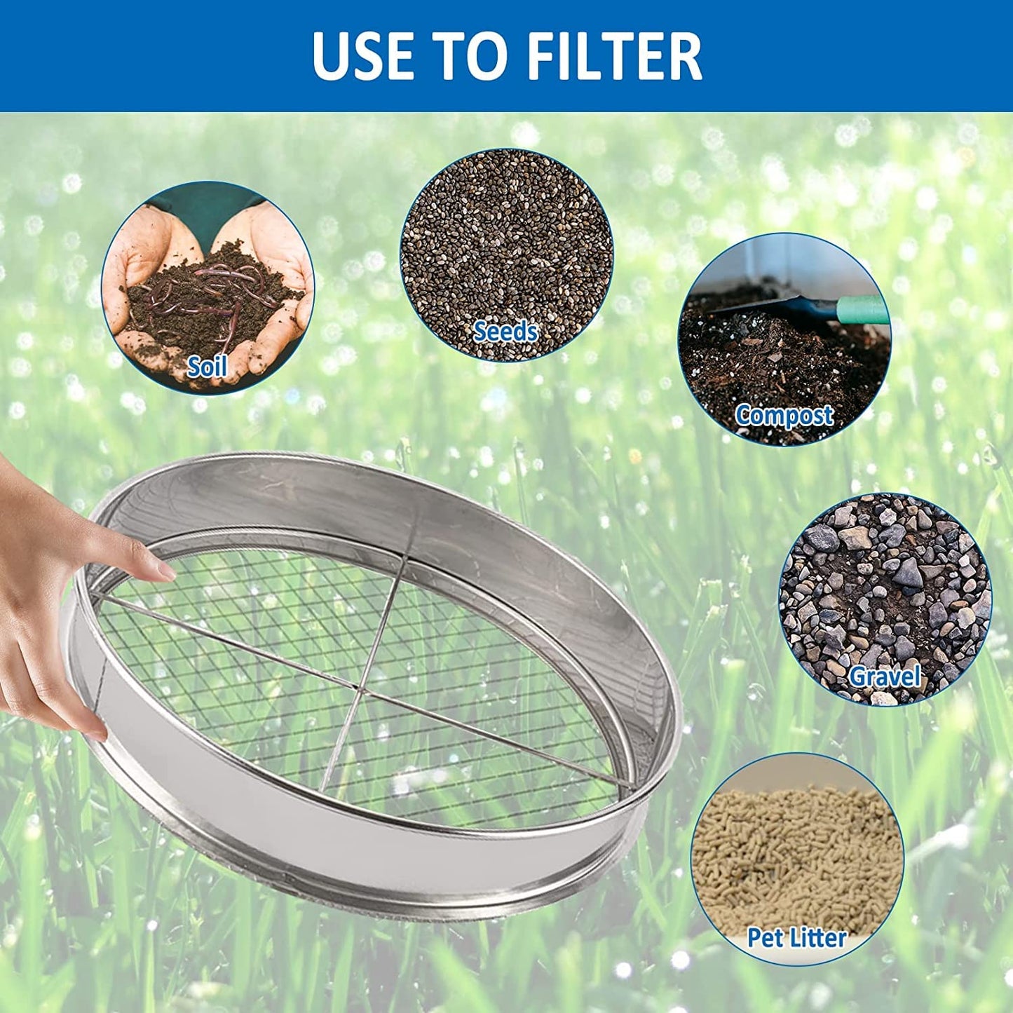 YaeCCC Garden Potting Mesh Sieve, Stainless Steel Soil Sieve Set Mix Soil Filter with 4 Interchangeable Mesh Sizes (3, 6, 9, 12mm)