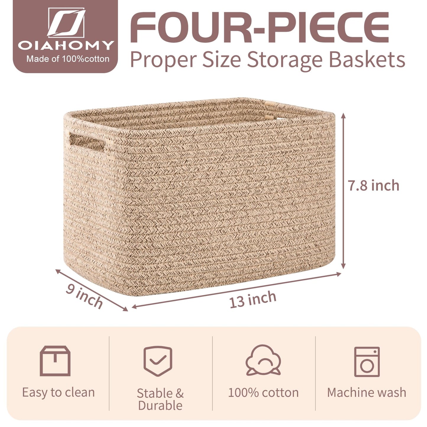 OIAHOMY 4 Pack Storage Baskets for Organizing, Rectangle Cube Storage Bins for Shelves, Woven Baskets With Handles, 12.7''Lx9''Wx7.8''H, Brown,