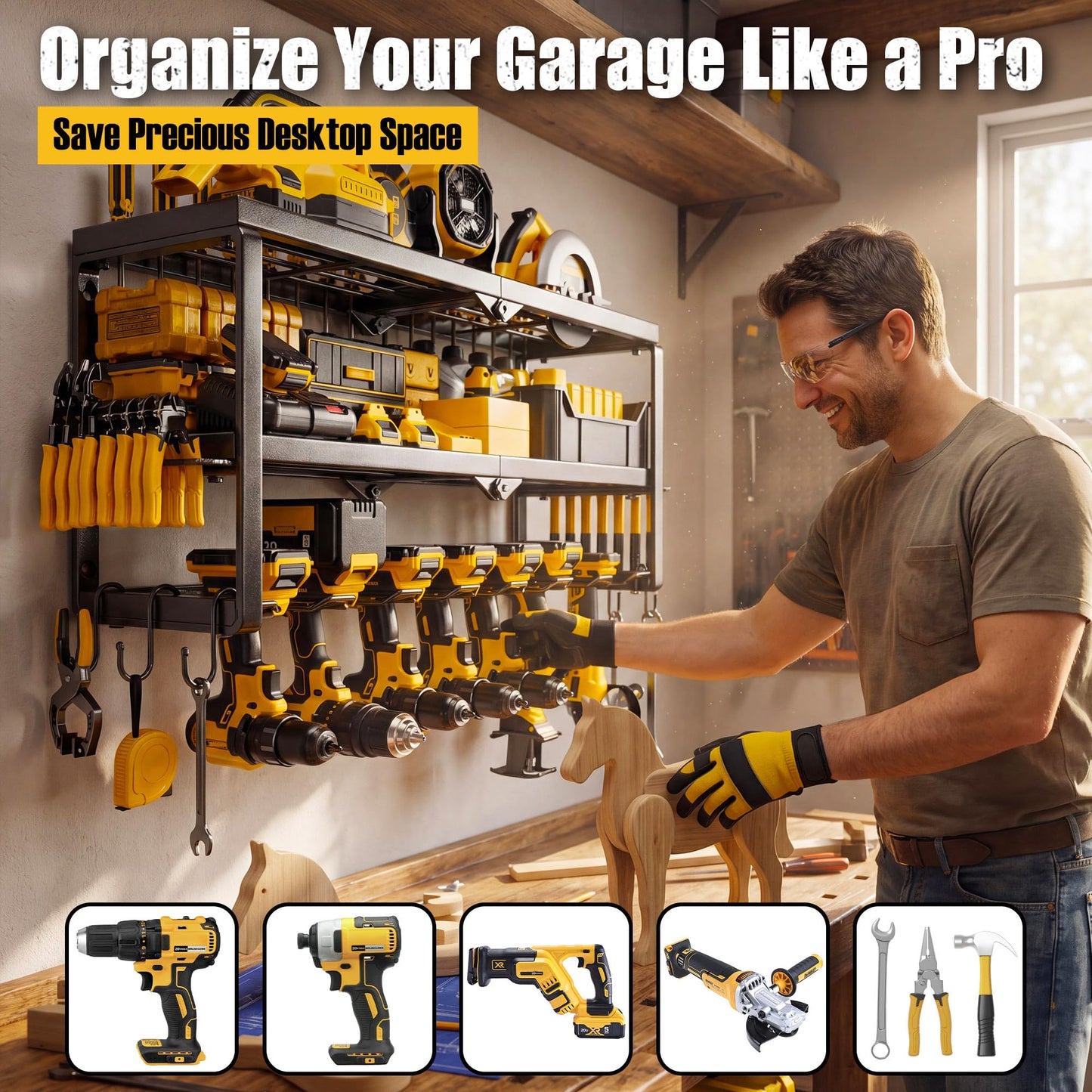 Amoowis All-in-One Wall Mount Tool Organizer for Garage, Heavy Duty 3-Layer Metal Tool Rack, 320LBS Capacity with 7 Cordless Drill Holders & Battery Storage, Fits Most Power Tools