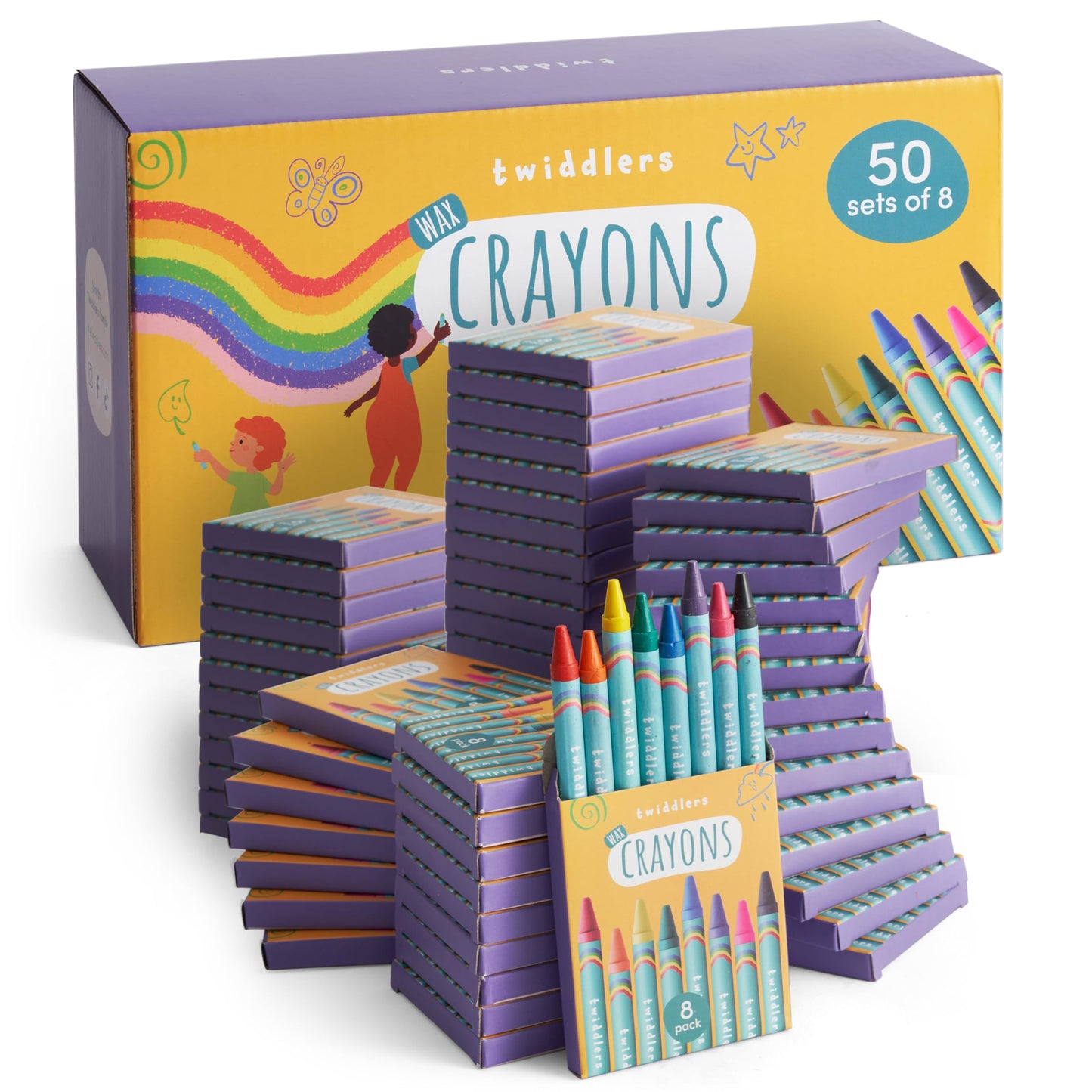 THE TWIDDLERS - 50 Boxes of Wax Crayons for Kids, 8 Crayons Per Box, 400 Total - Mixed Coloured, Perfect Mini Crayon Packs for Party Bag Fillers, School Classrooms, Arts & Crafts, Restaurants