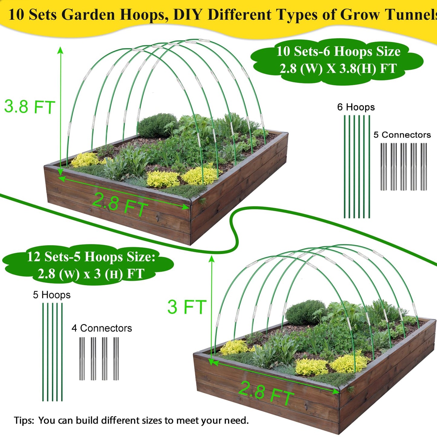 WYRJXYB 60Pcs Greenhouse Hoops Grow Tunnel for Raised Beds Netting,Flexible Garden Hoop Kit, Rust-Free Fiberglass Garden Hoops Frame for Graden Bed Plant Row Cover,DIY Plant Support Stakes-40Pcs Clips