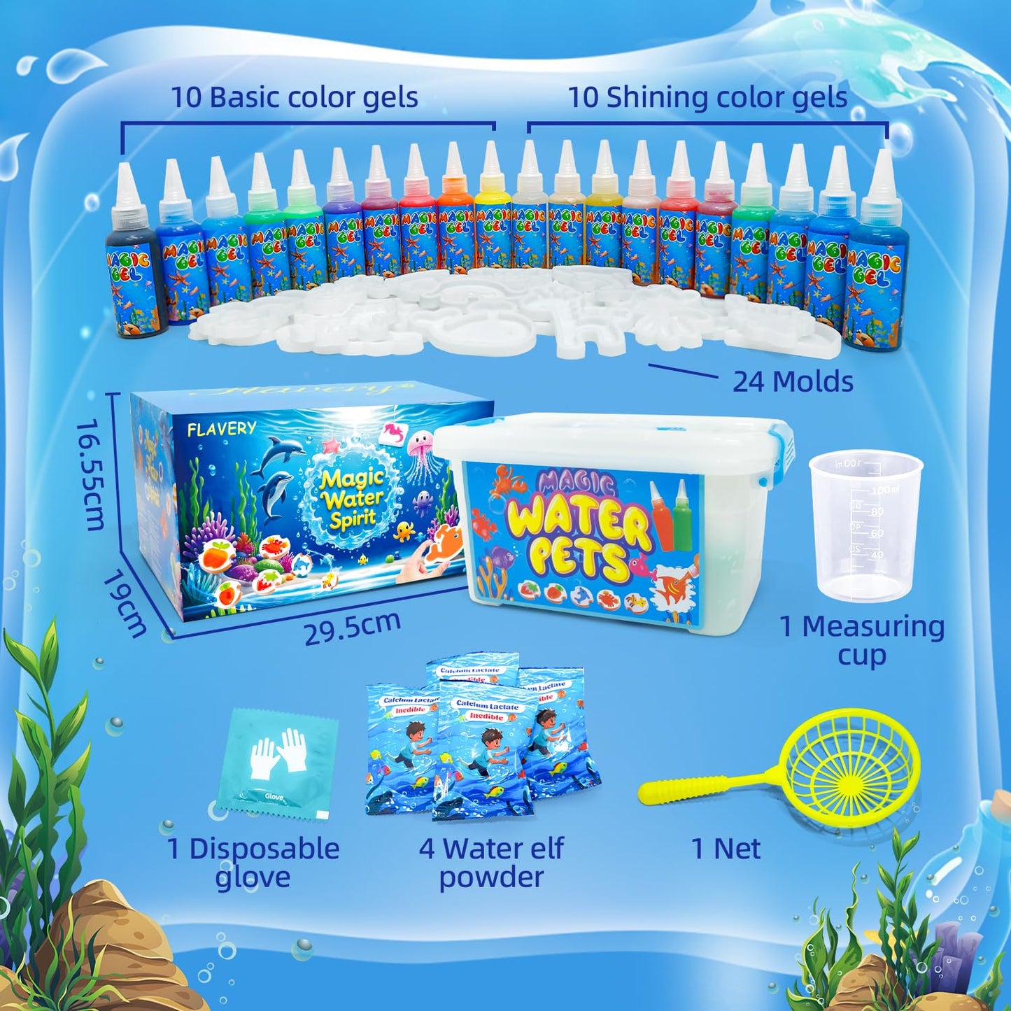 Flavery Magic Water Elf Toy Kit, Fairy Water Gel Kit with 20 Magic Gels and 24 Shape Molds, Aqua Squishy DIY Set, Birthday Gifts, Party Favors