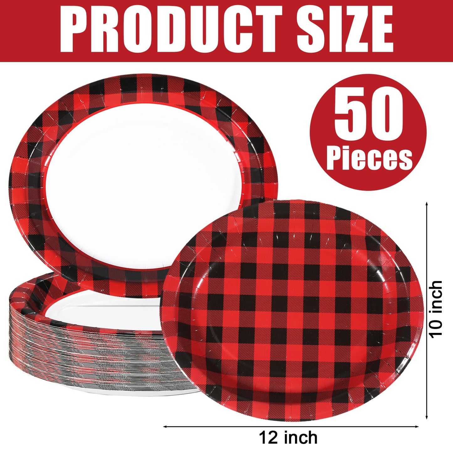 EggSun Red and Black Gingham Christmas Oval Paper Plates 10’’x 12’’, Large Disposable Heavy Duty red and black Gingham Plaid Paper Plates for Birthday Wedding Baby Shower Tea Party Supplies, 50 Guest