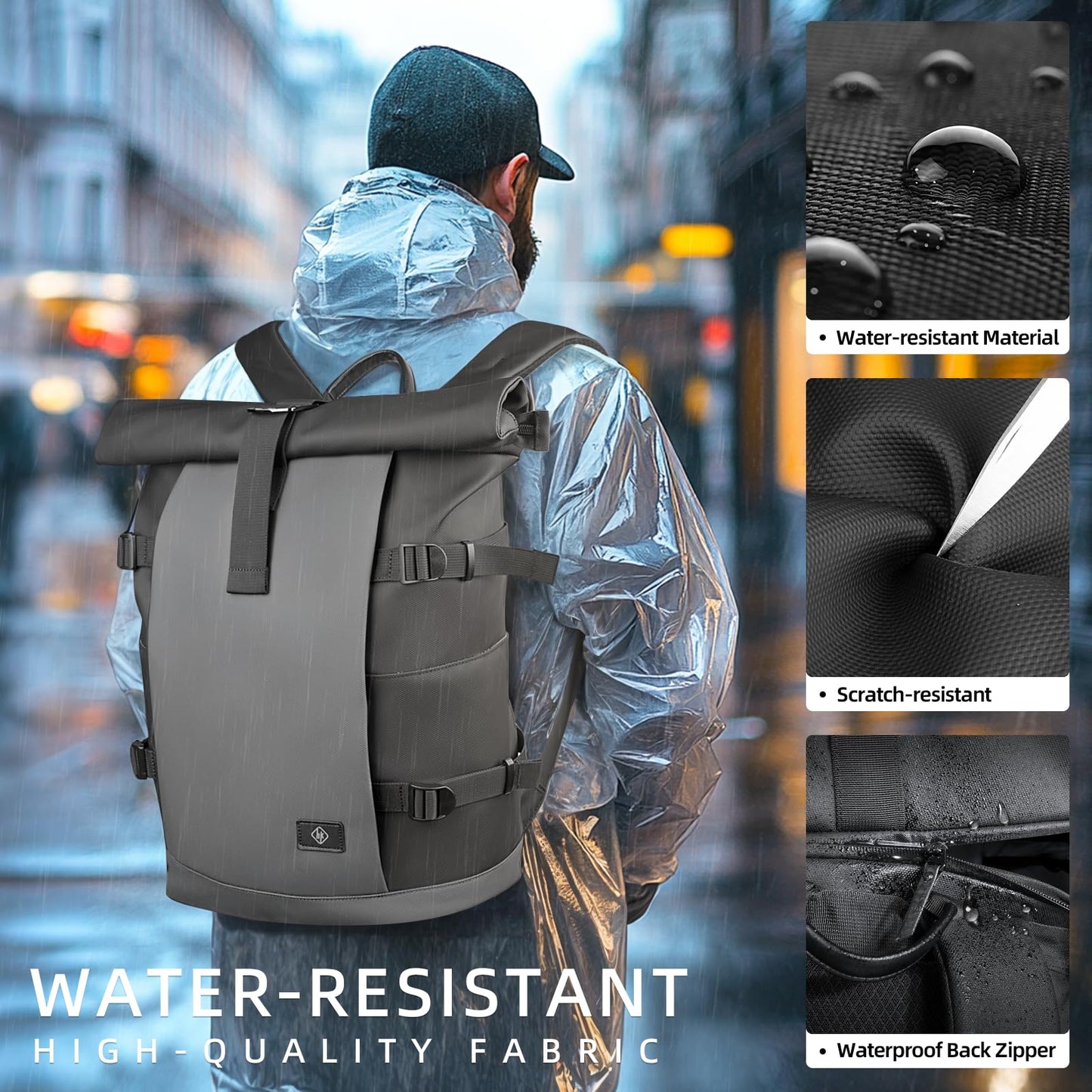 Rolltop Laptop Backpack for Men Women,15.6 Inch Expandable Water-Resistant Anti-Theft Backpack, Business Large Capacity Computer Bag for Casual Commute Work Daily College Travel-Grey