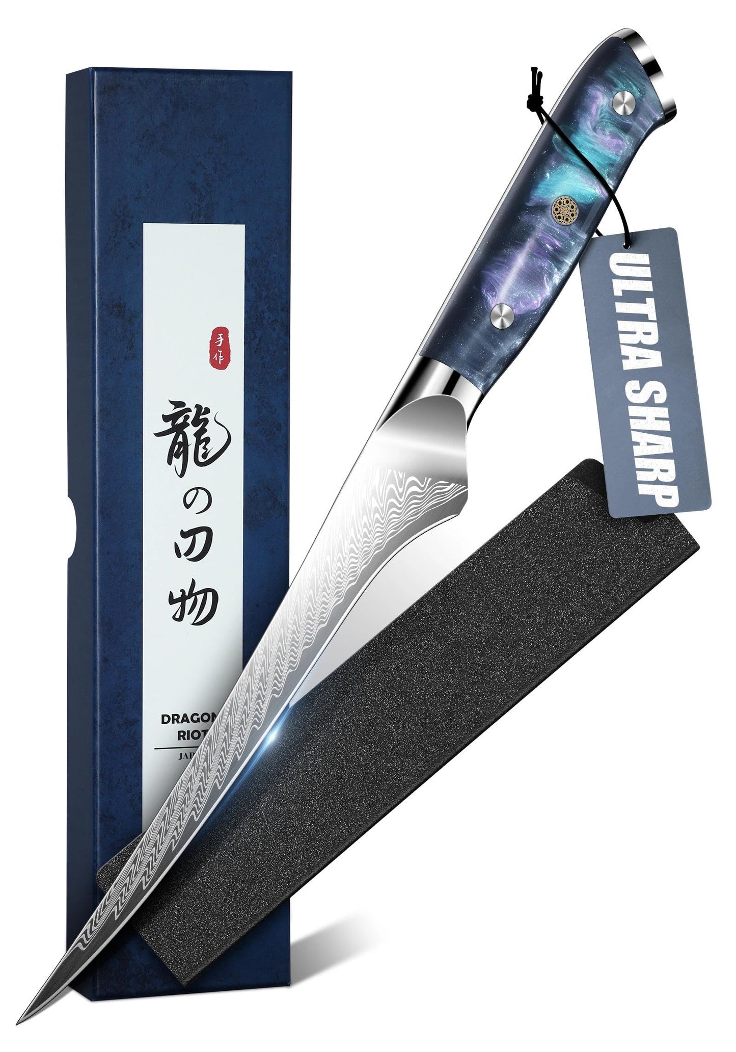 DRAGON RIOT Fish Filleting Knife7 Inch,Ultra Sharp Fillet Knife in High Alloy Stainless Steel,Fishing Knife for Deboning,Trmming,Meat Cutting,Professional Boning Knife with Sheath and Package