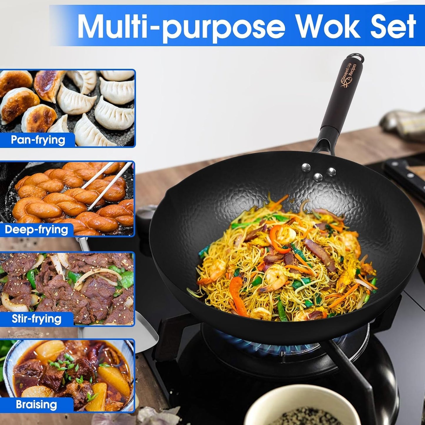 Souped Up Recipes Carbon Steel Wok for Electric, Induction and Gas Stoves (Lid, Spatula and User Guide Video Included)