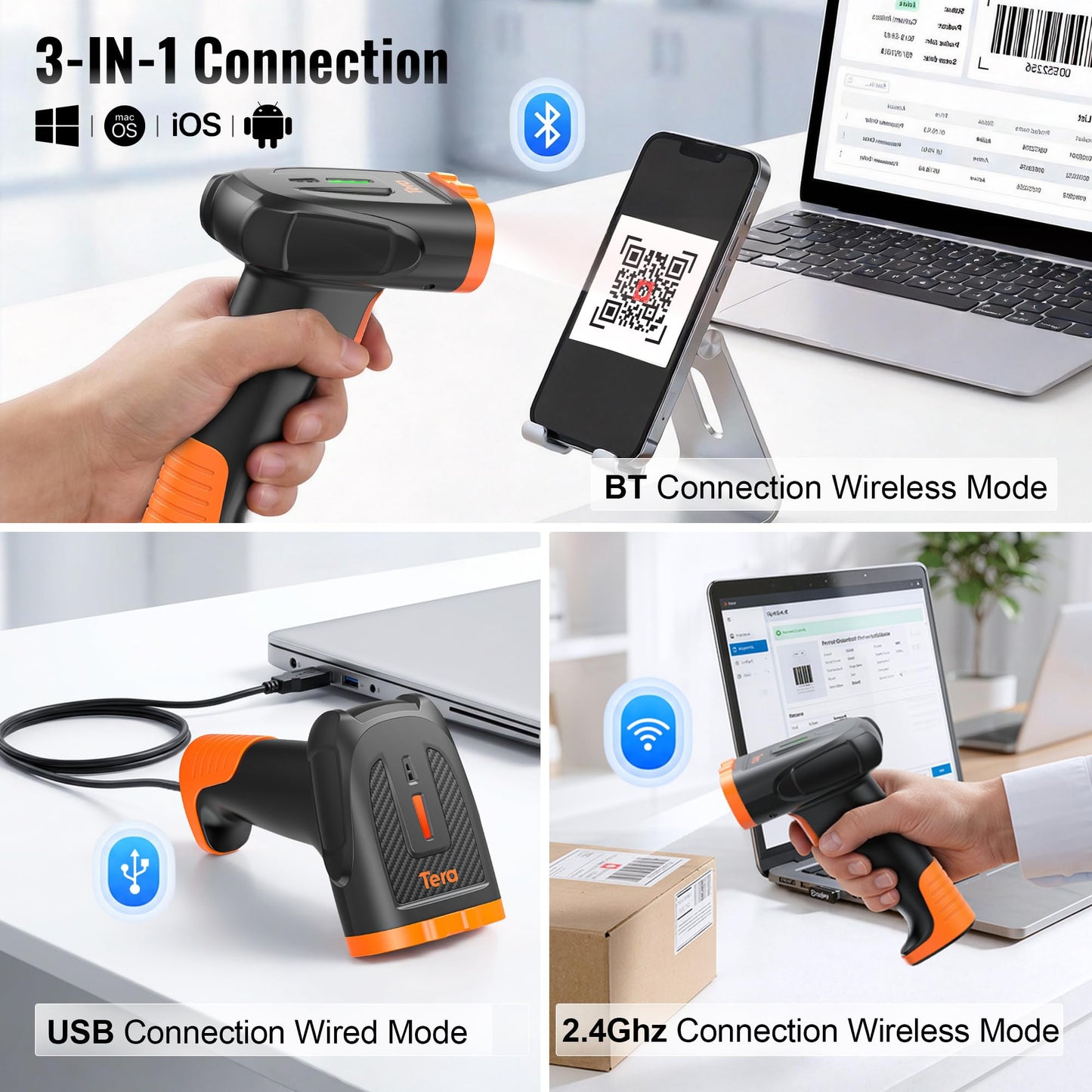 Tera Barcode Scanner Wireless Handheld: with 2200mAh Lithium-Polymer Battery Works with Bluetooth 2.4G Cordless USB Wired 1D 2D QR Bar Code Reader for Retail Inventory Management Model D5300