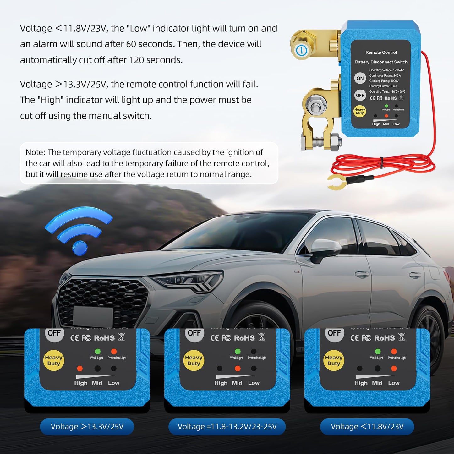 RVBOATPAT Kill Switch 12V 240A Remote Battery Disconnect Switch Automatic Power Shut Off Switch Remote Control Switch for Auto Car Truck Boat
