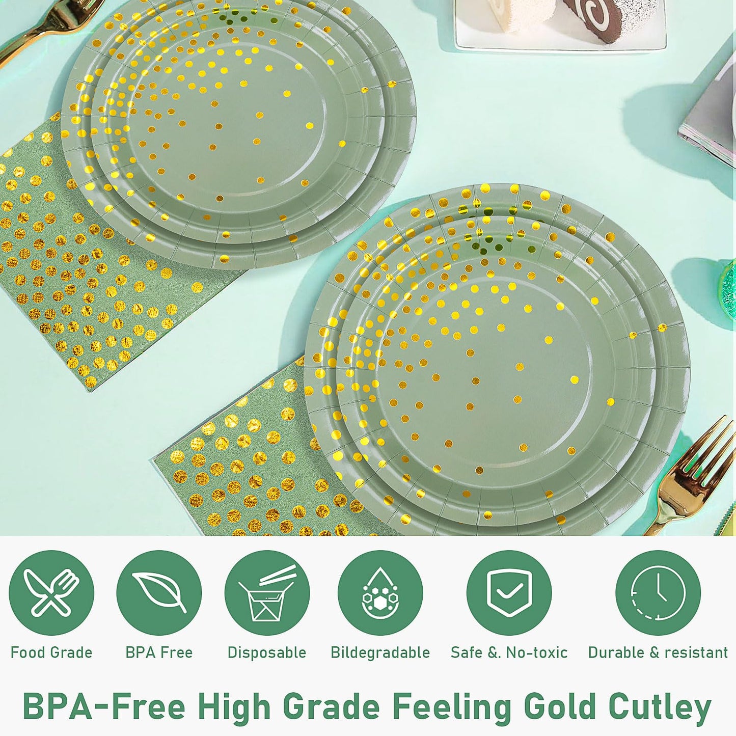200 Pcs Sage Green Plates and Napkins Set,50 Guest Sage Green Party Supplies Include Paper Plate Napkin Cup, Disposable Tableware Set for Wedding Baby Shower Birthday Spring Party