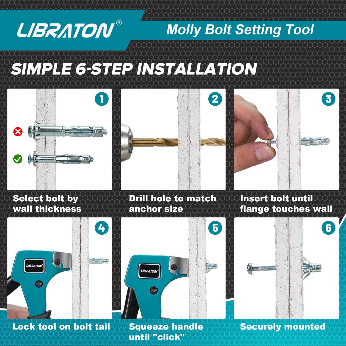 LIBRATON Molly Bolts for Drywall & Plaster Walls (0.12"-1.52"), 30PCS in 6 Sizes with Setting Tool, Heavy Duty Hollow Wall Metal Anchors Screws Kit, Holds Up to 65lbs, for TV, Shelf, Mirror