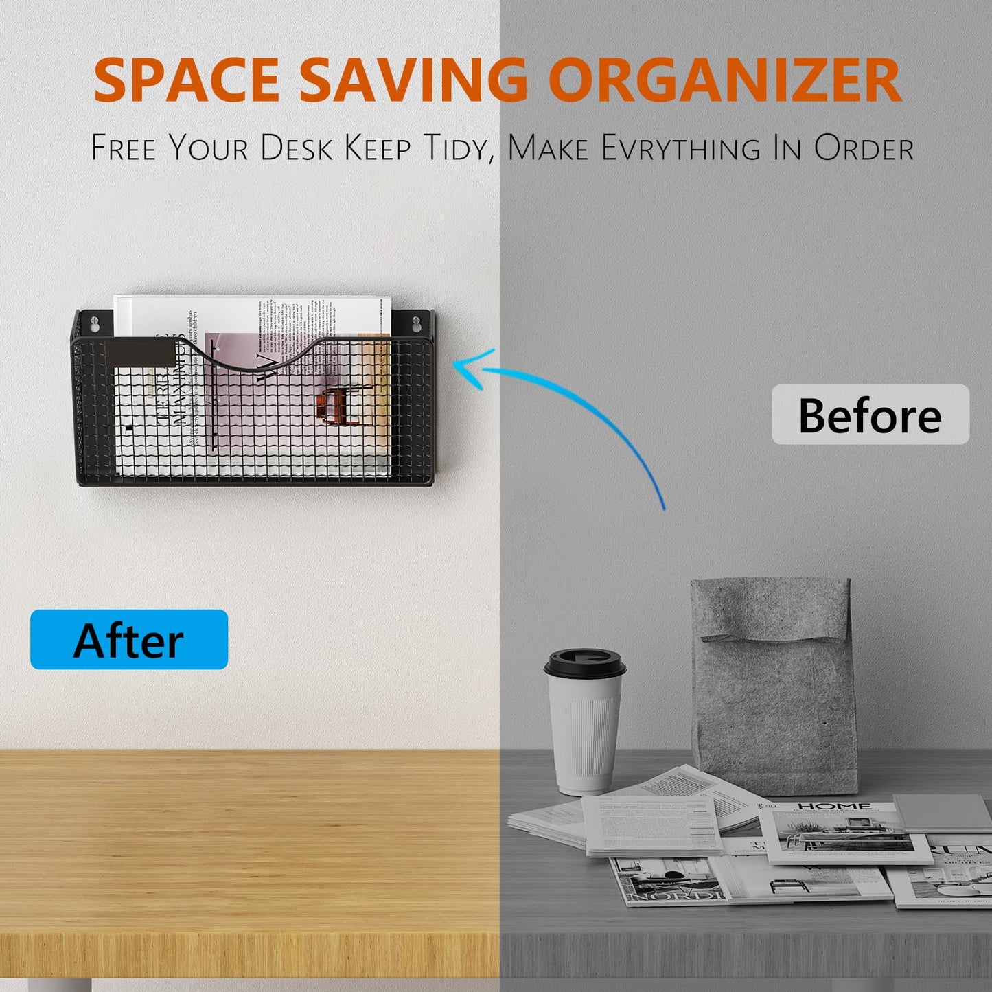 MFTEK Magnetic File Holder, 4 Pockets Magnetic File Folder Holder No Drilling Magnet Paper Mail Organizer Magazine Basket, Hanging Wall Storage Rack for Fridge Cabinets Office Classroom