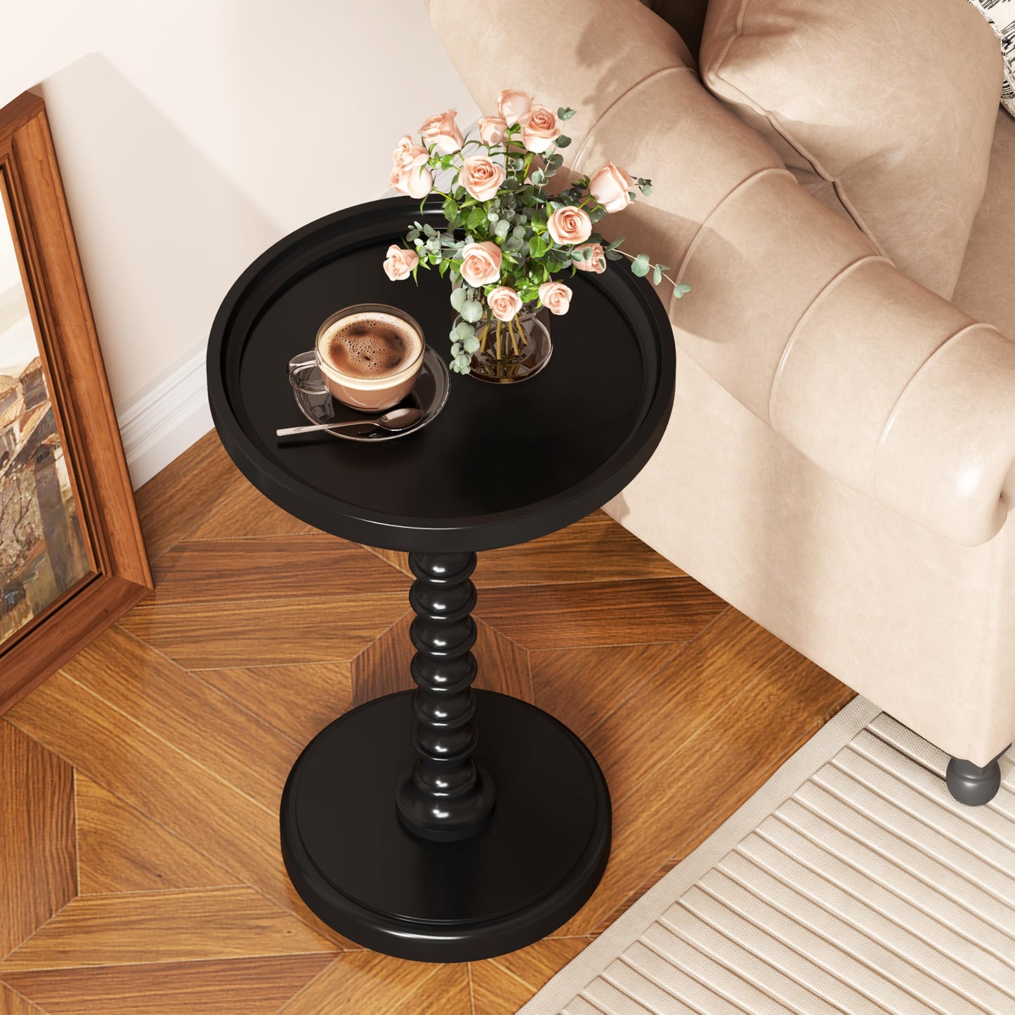 Yusong Round Side Table, Small Drink Table for Small Spaces, Industrial End Table, Accent Nightstand Bedside Table for Living Room, Bedroom, Sofa Couch,Black