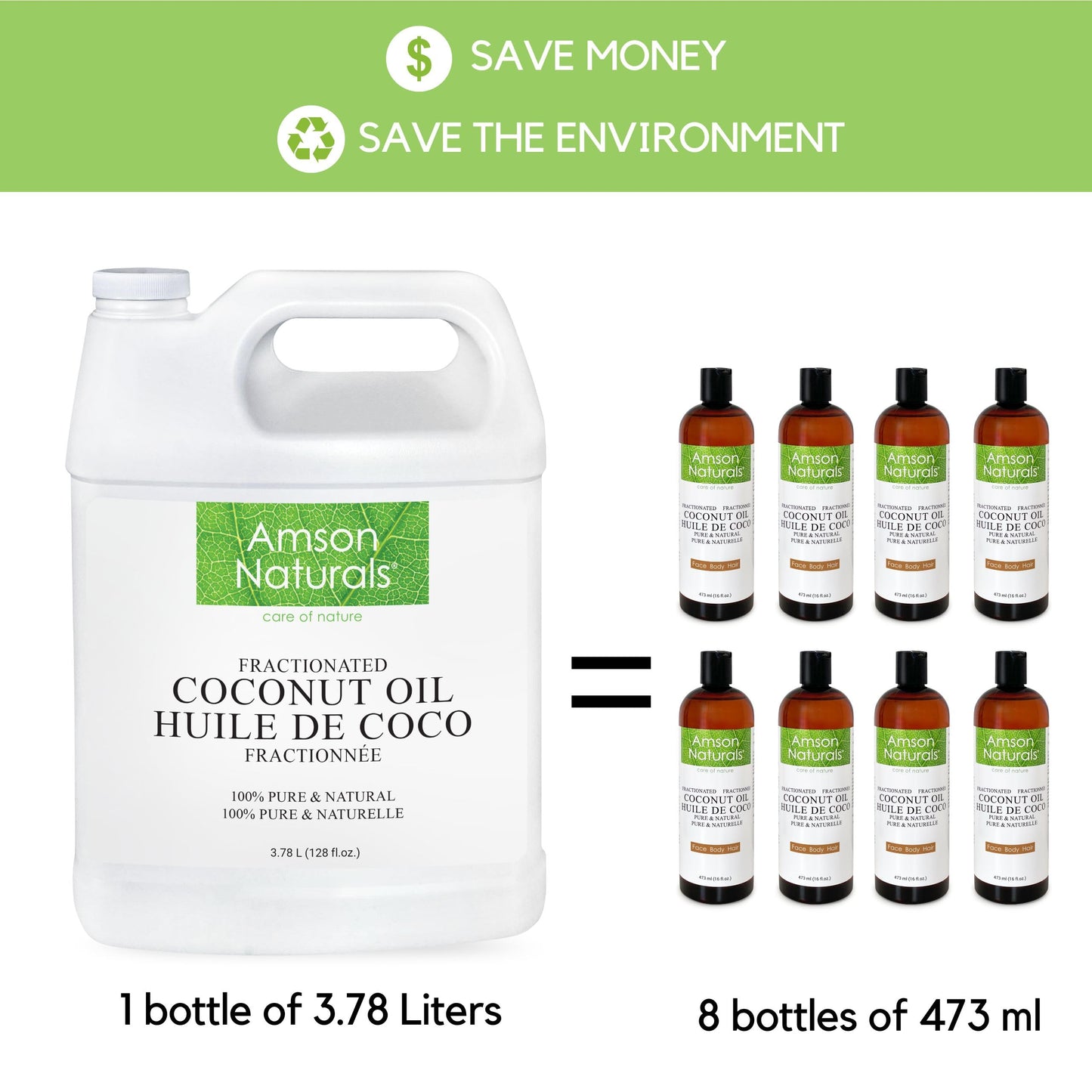 Amson Naturals Fractionated Coconut Oil 3.78 Litres / 1 Gallon / 128 oz - 100% Pure & Natural Liquid Coconut Oil for Skin, Hair, Body, Massage, Odorless, Carrier Oil for Diluting Essential Oils