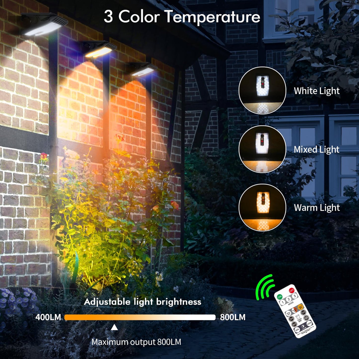 Clip On Solar Motion Lights Outdoor Waterproof, 800LM, 70 LED, 3 Color Temperature, USB & Remote Control, 2 Pack Portable Solar Powered Light Outside for Gutters Fence Garage Camping