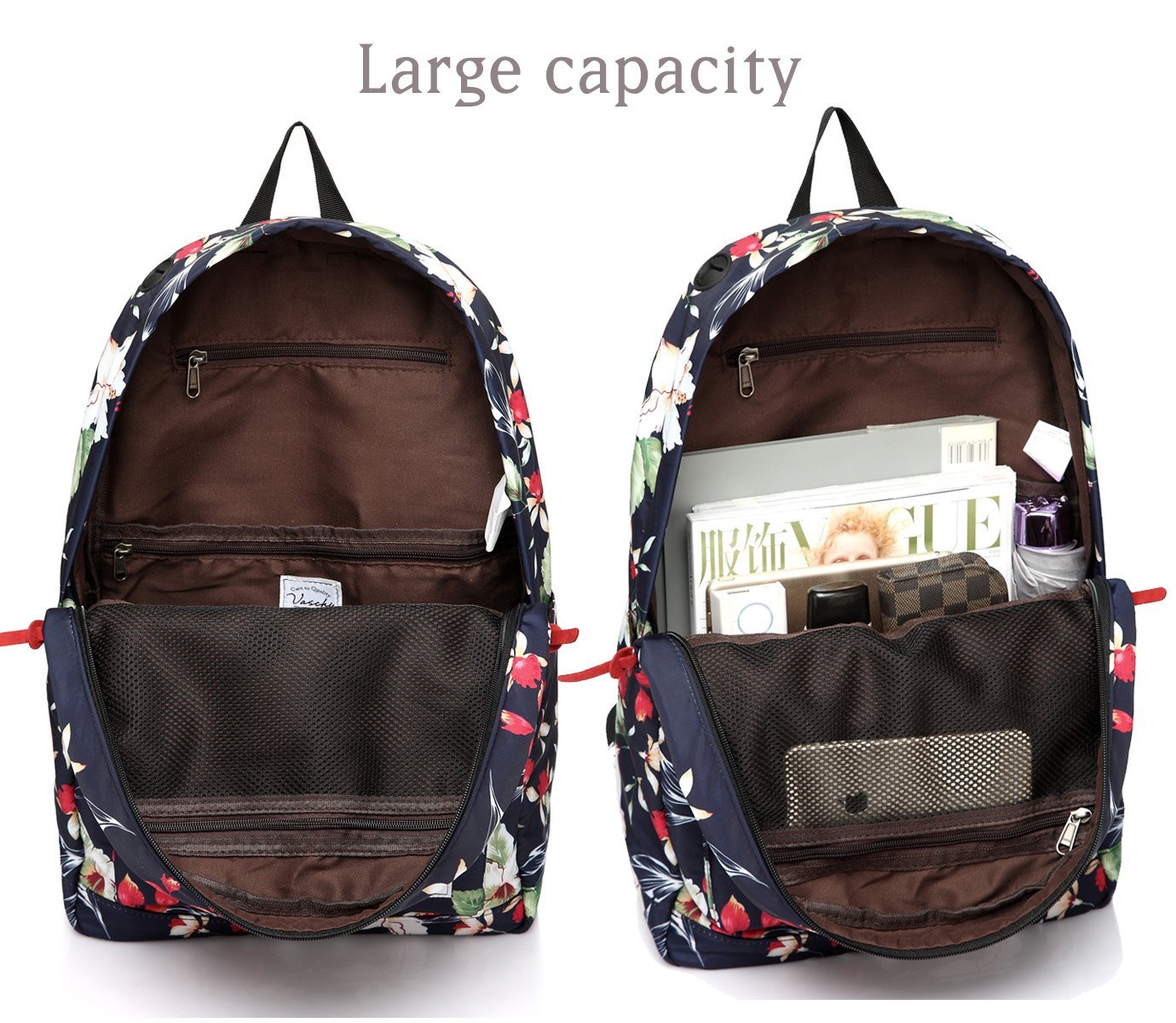 Backpack for Women, VASCHY Water Resistant Fashion Floral 15.6 inch Laptop School Bookbag for Girls Casual Daypack Travel Rucksack with Padded Laptop Sleeve (Navy Floral Blooms)