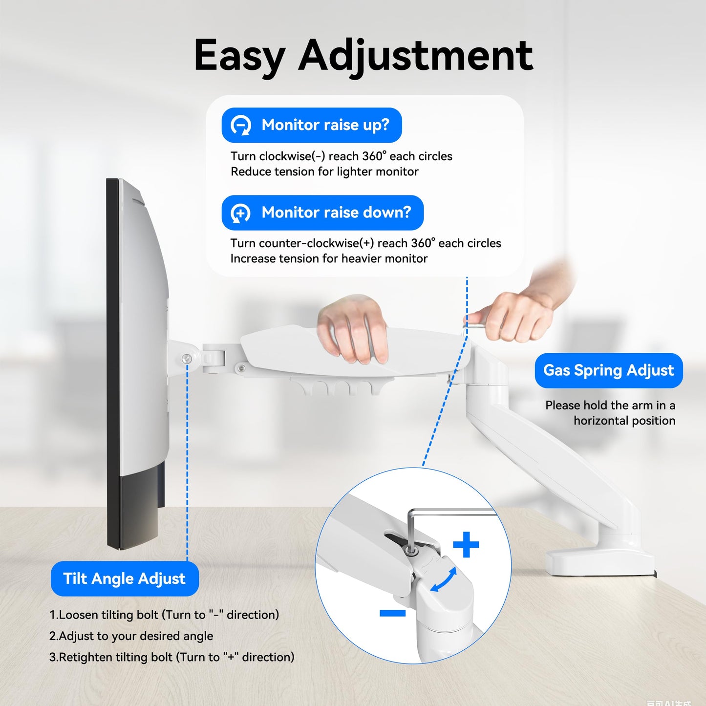 SHOPPINGALL Single Monitor Mount for 13 to 32 Inch Gas Spring Monitor Arm, Fully Adjustable VESA Mount with Desk Clamp - SA-GC41-WHITE
