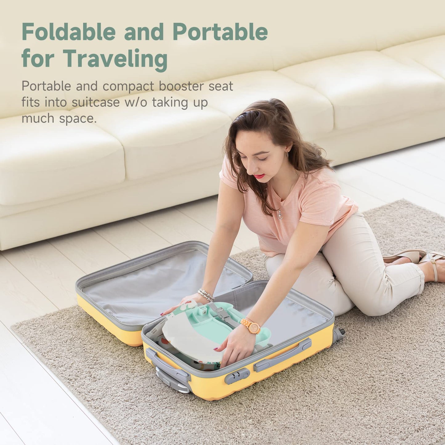 YOLEO Baby Booster Seat for Dining Table with Removable Tray, Adjustable Booster Seat Portable for Baby/Toddler Eating, Foldable Travel Dining Seat and Easy Clean (Green)