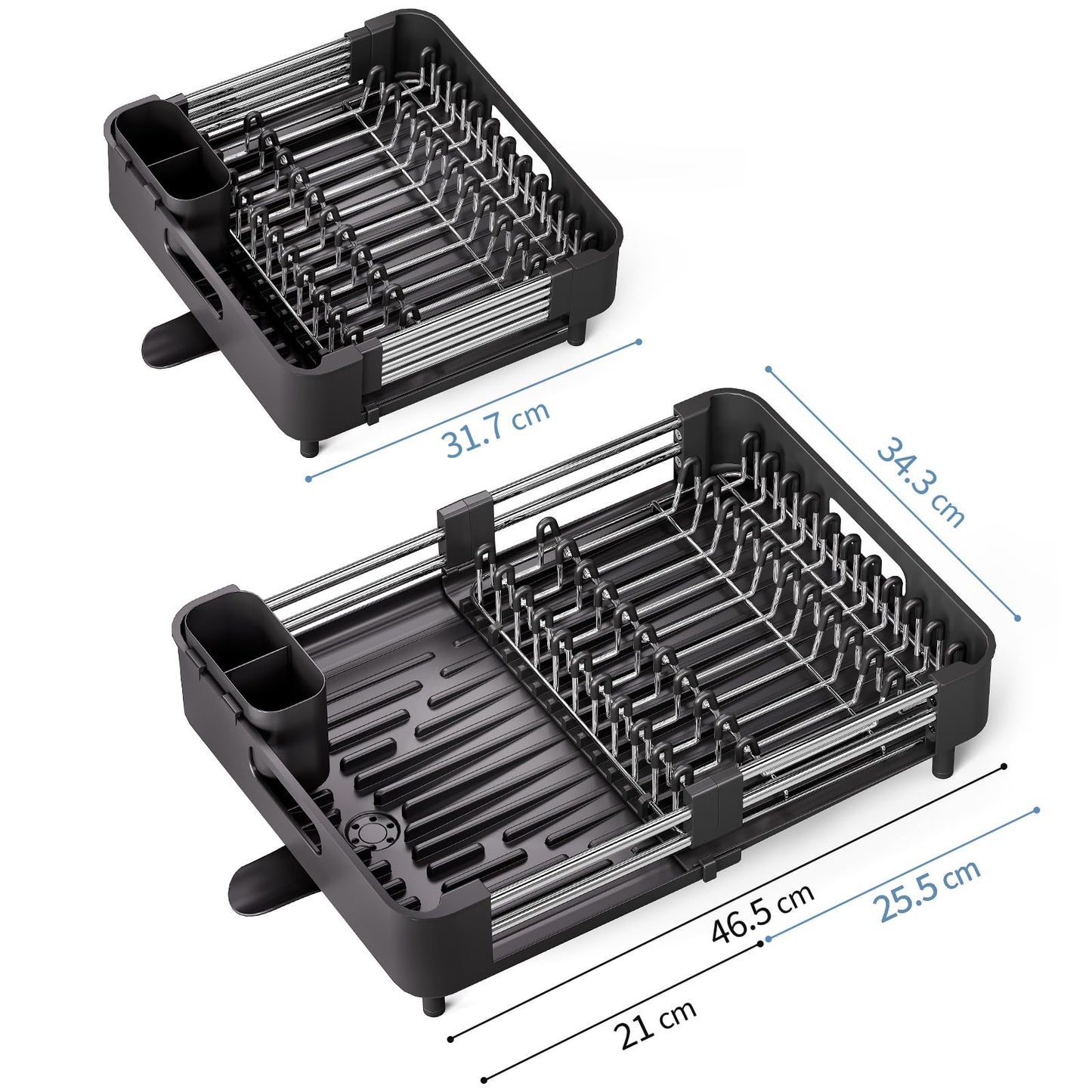 Urackify Extendable Dish Drying Rack, Dual Part Dish Drainers with Non-Scratch and Movable Cutlery Drainer and Drainage Spout, Adjustable Dish Rack for Kitchen,Black