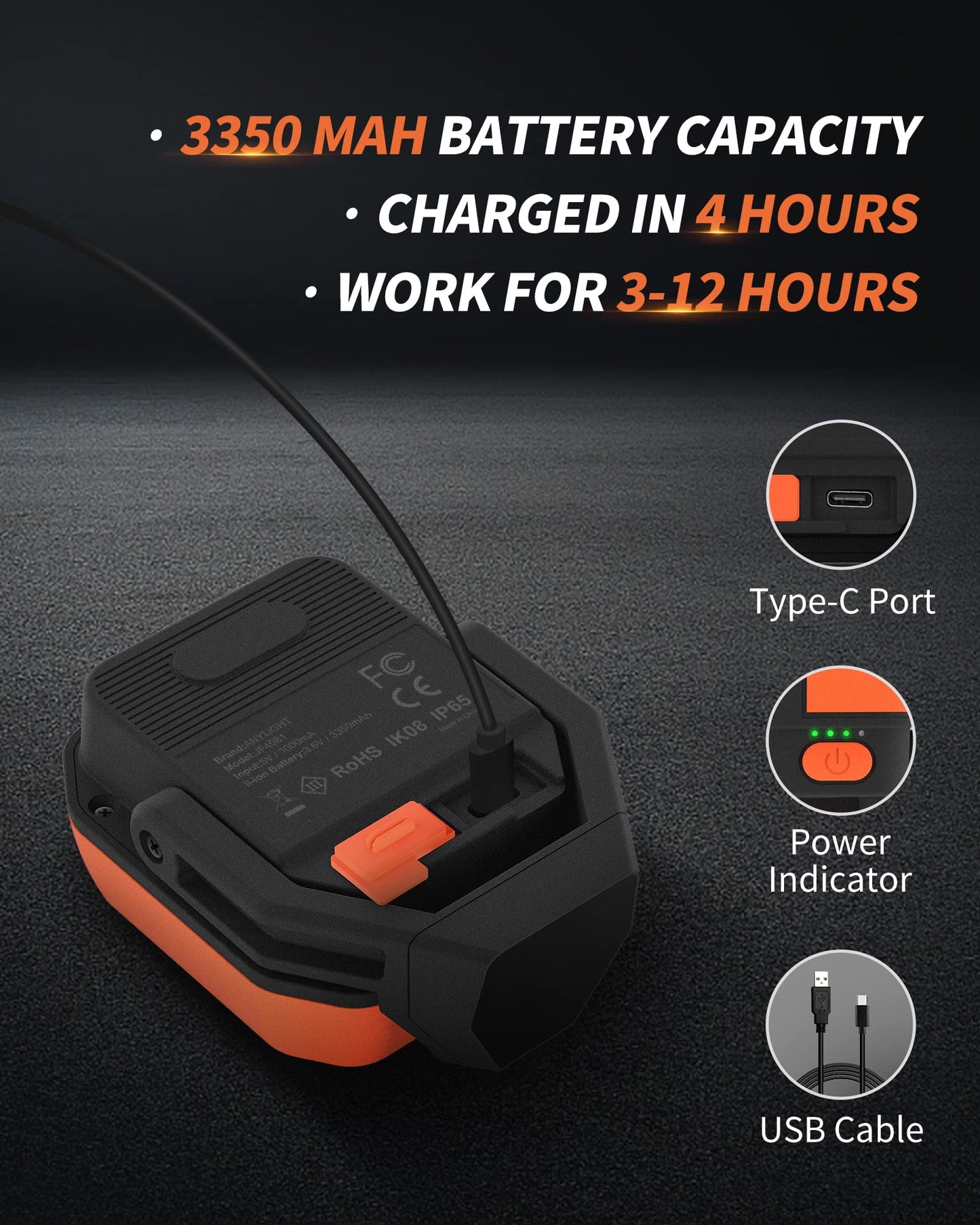 Anylight Led Work Light with 4 Modes,1200LM Portable COB Magnetic Light,3350mAh Recharge Spotlight and Floodlight,150° Rotate IP65 Waterproof for Car Repair and Camping (2 Packs)