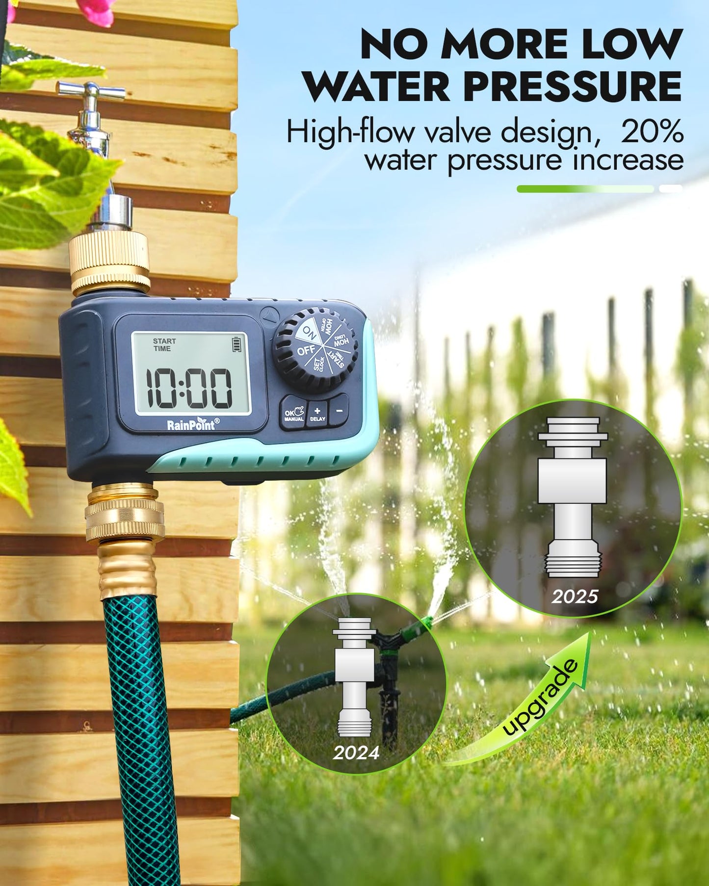 RAINPOINT Sprinkler Timer with Brass Inlet & Outlet, Programmable Hose Timer for Garden Hose, Water Timer with Rain Delay/Manual Watering System, Digital Irrigation Timer for Yard, Lawn