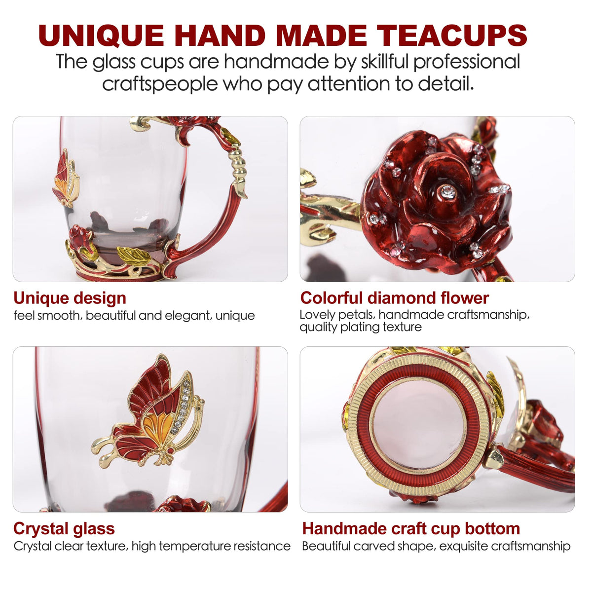 WOBOX Glass Coffee Cup Tea Mug & Gifts with Spoon Set Handmade Enamel Butterfly Rose Flower for Mothers Day Gift, Women(2 Set Red)