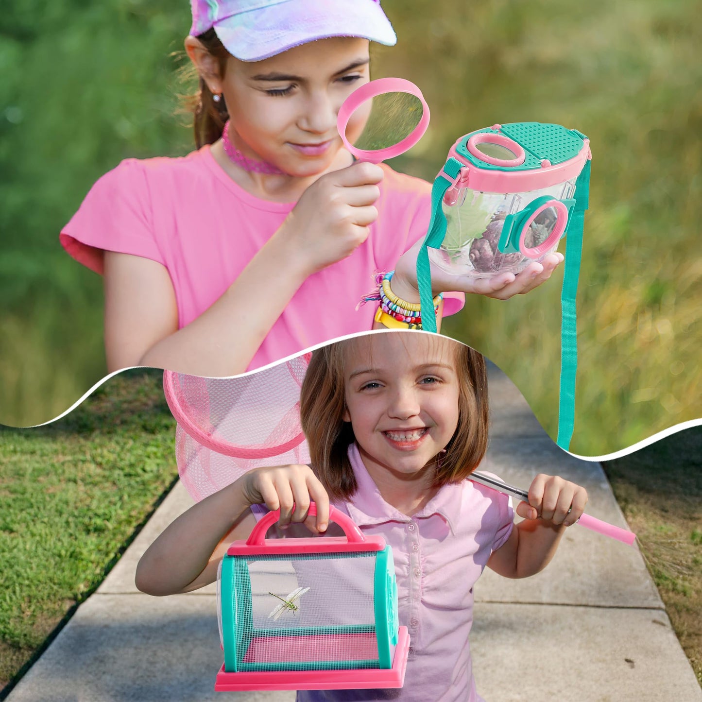 ROBOTIME Kids Explorer Kit & Bug Catcher Kit for Kids, 10PCS Bug Catcher Kit, Bug Catching Kit, Exploration Set Camping Gear for Toddlers, Outdoor Adventure Toys Gift for Girls 3-12 (Pink)