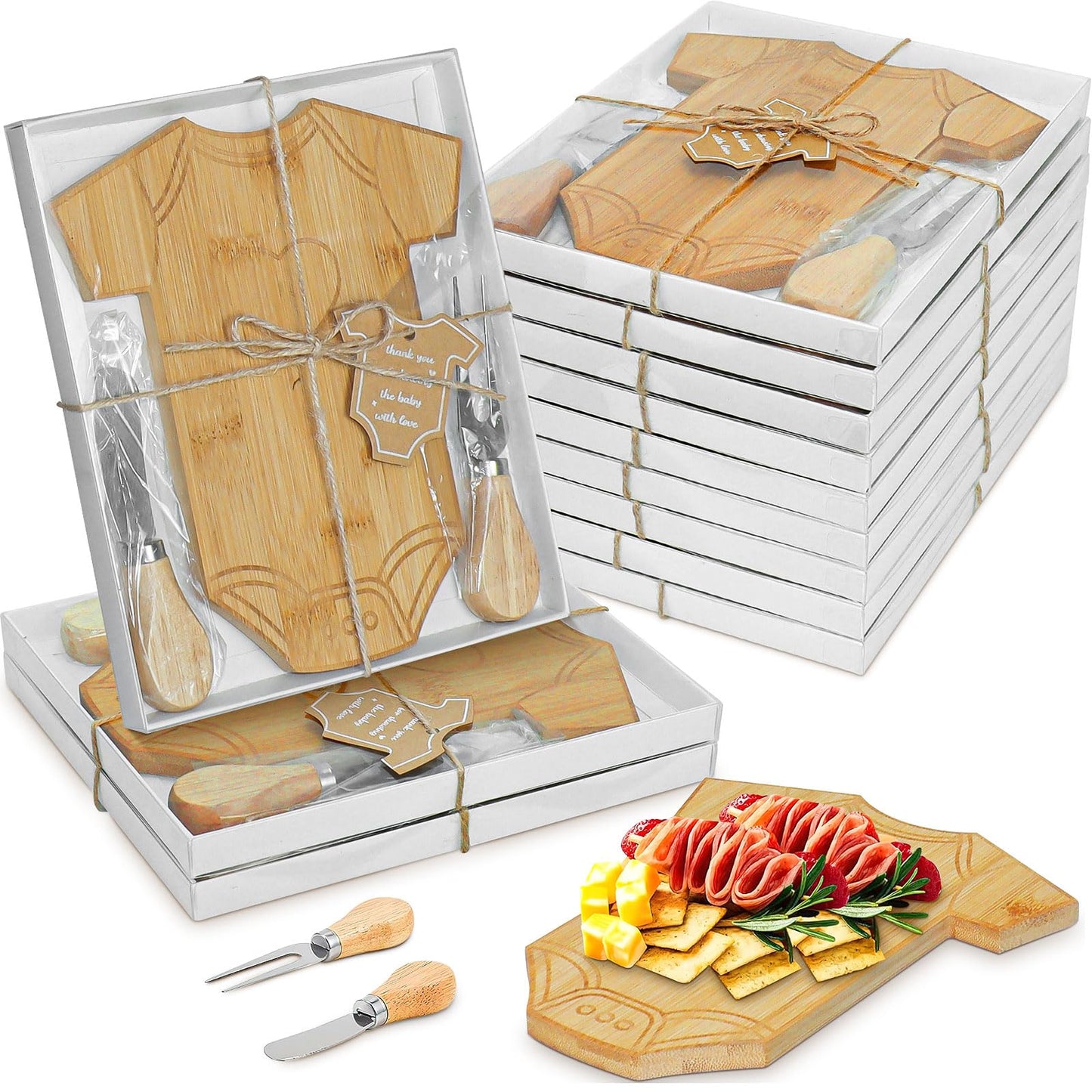 12 Set Baby Shower Favors, Clothing Shaped Charcuterie Boards with Butter Knife Fork Stickers Box, Baby Clothes Cutting Board Party Favors for Birthday Wedding Baby Shower Gifts