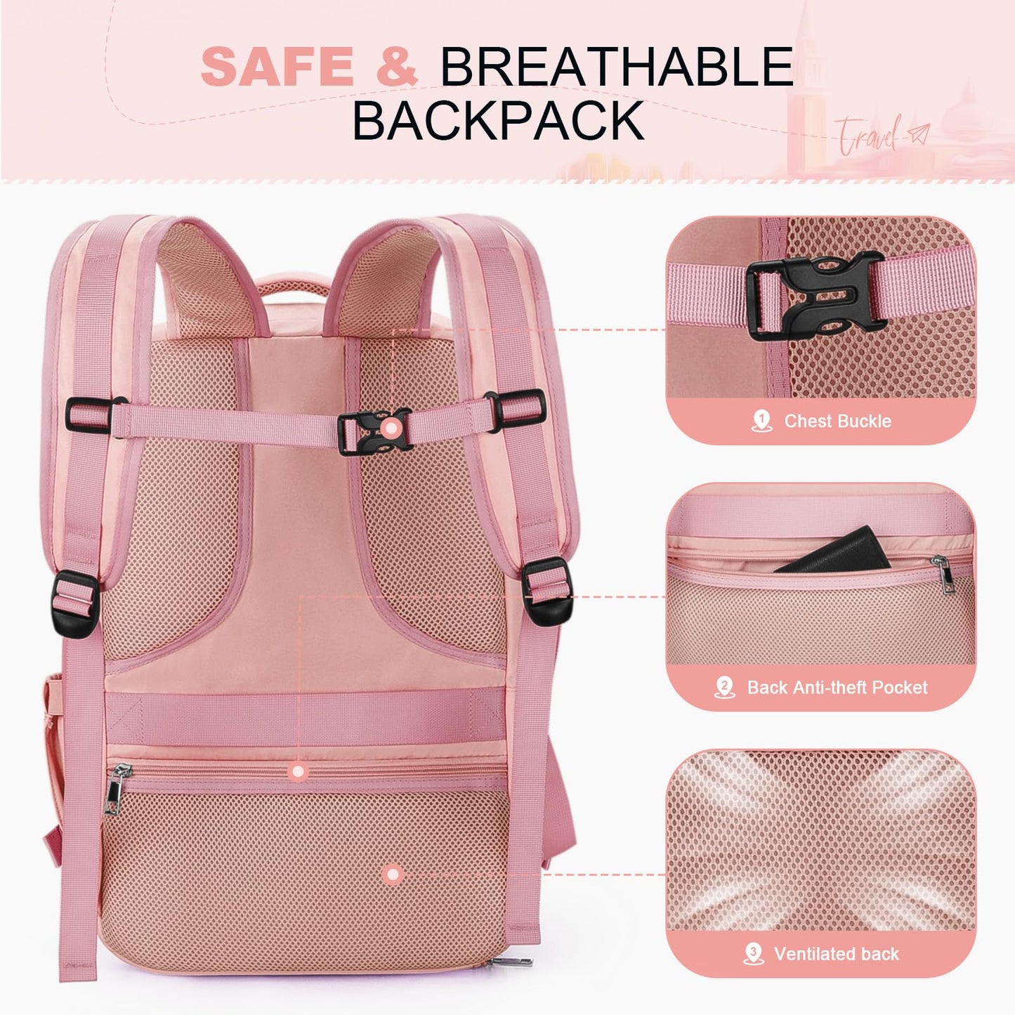 Maelstrom Travel Backpack for Women Men, 25/35L Laptop, Carry On Backpack with Crossbody, Shoe & Toiletry Bag (pink, 15.6inch)