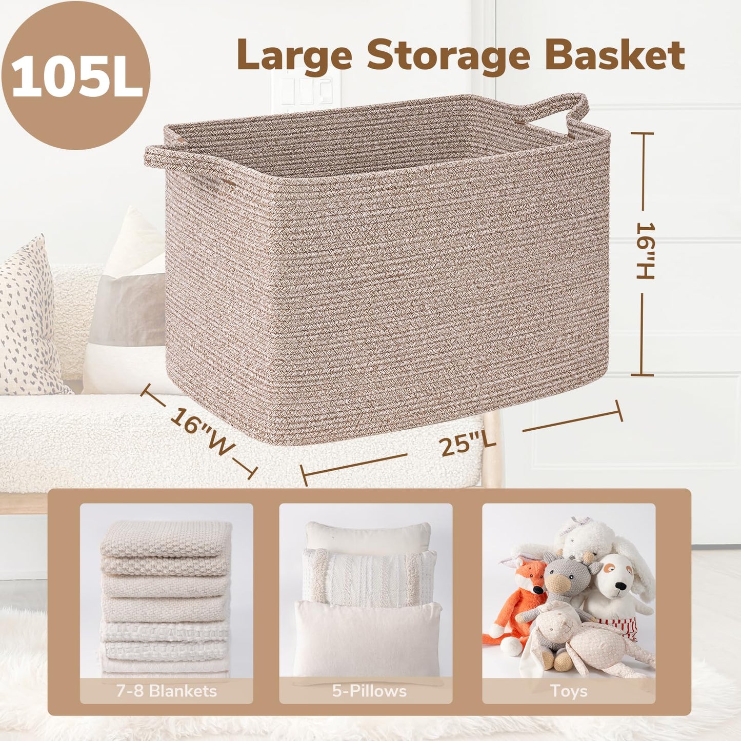 Goodpick 105L Large Woven Storage Basket, Rectangle Cotton Rope Basket for Blankets, Clothes, Storage Organizer for Living Room, 25"x16"x16", Brown