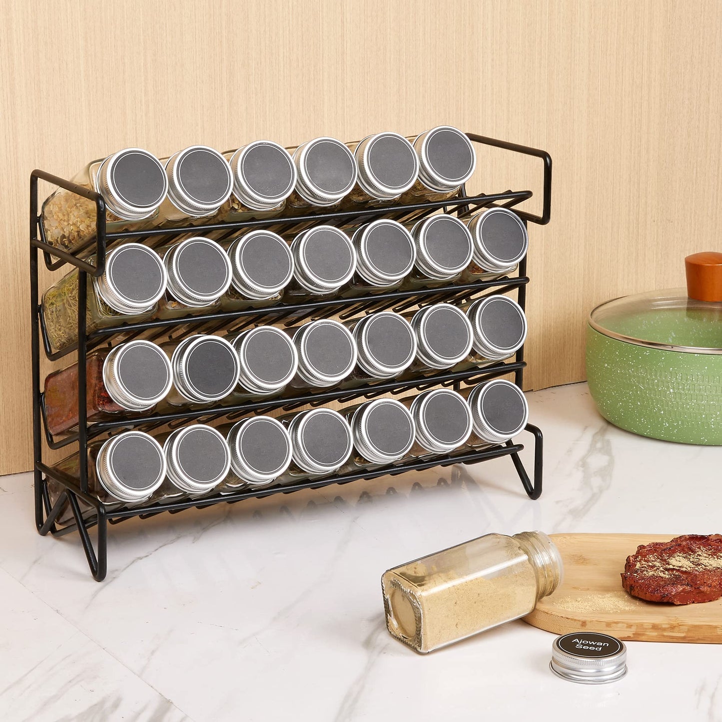 Vtopmart Spice Rack Organizer for Cabinet, 4 Tier Spice Organizer with 28 Empty Spice Jars and 432 Blank Labels, Seasoning Organization for Countertop, Cabinet, Kitchen, Pantry, Cupboard