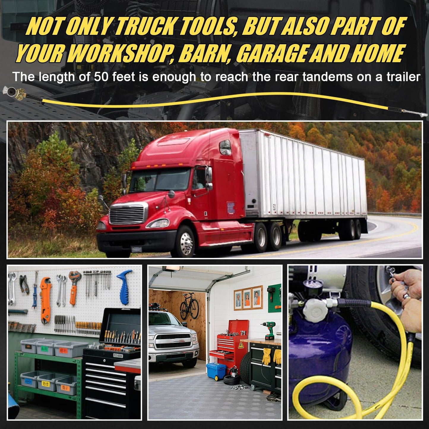TIROL Glad Hand Air Hose Tire Inflator Kit 3/8 in x 50 ft Heavy Duty Hybrid Air Hose for Semi Truck Tractor Trailer, Lightweight Truck Inflator Kit with 1/4" NPT and 1/2" NPT Endings