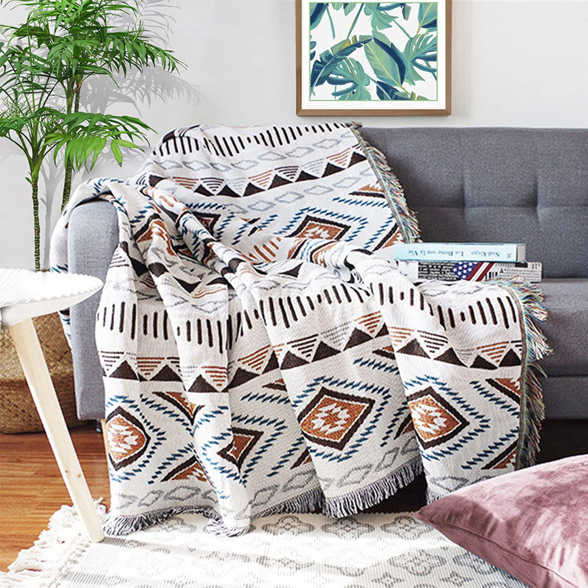 Southwest Throw Blankets Aztec Blanket with Tassels Reversible Southwestern Navajo Throw Blanket for Couch Chair Sofa Bed Outdoor Beach Travel 86"x63"