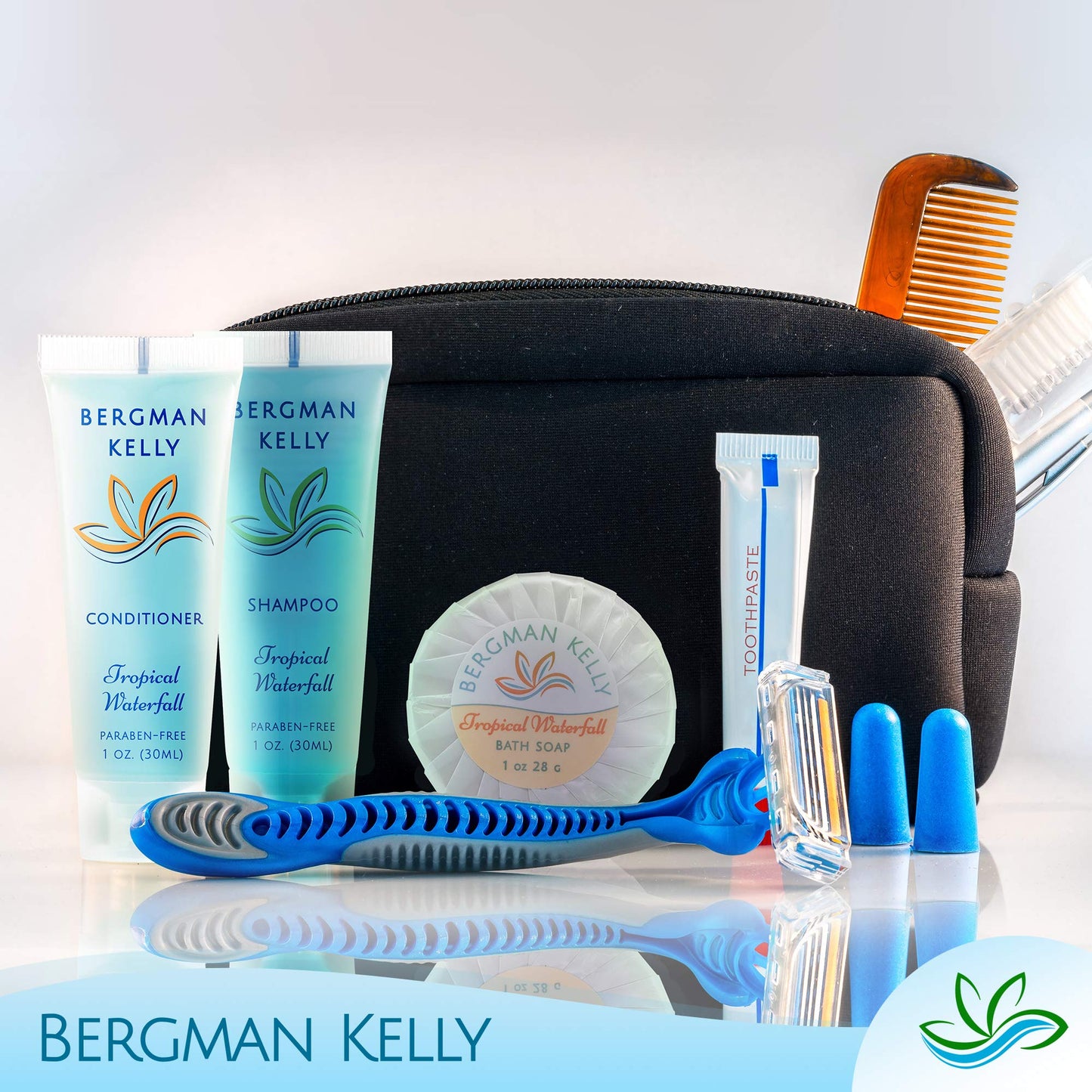Bergman Kelly - Hotel Toiletries Bundle - Tropical Waterfall, 30 ml ea, 125 Pcs - 5-Piece Set: 25 Round Bar Soap, 25 Shampoo, 25 Conditioner, 25 Body Lotion & 25 Body Wash - Bulk Mini Guest Amenities