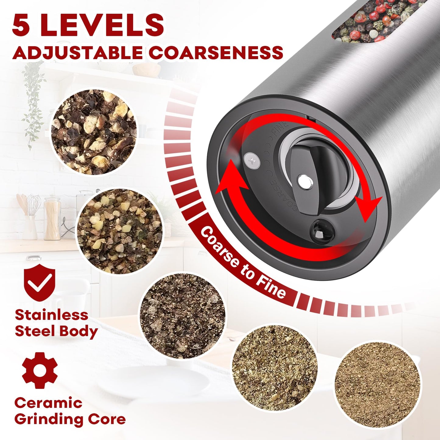 Electric Salt and Pepper Grinder Set: Automatic Rechargeable Salt and Pepper Shakers with USB Charging Base, Adjustable Coarseness, 110ml Large Capacity, Stainless Steel Pepper Grinder for Kitchen